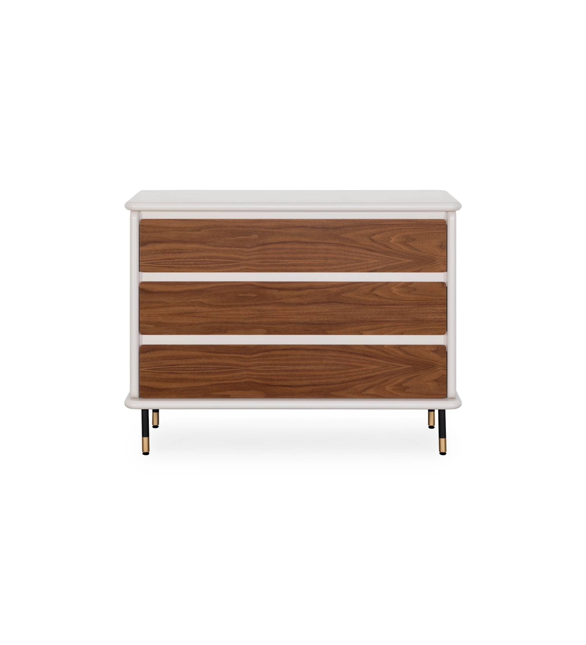 Dresser with 3 drawers in natural walnut and structure in pearl lacquered, black lacquered feet with golden detail.