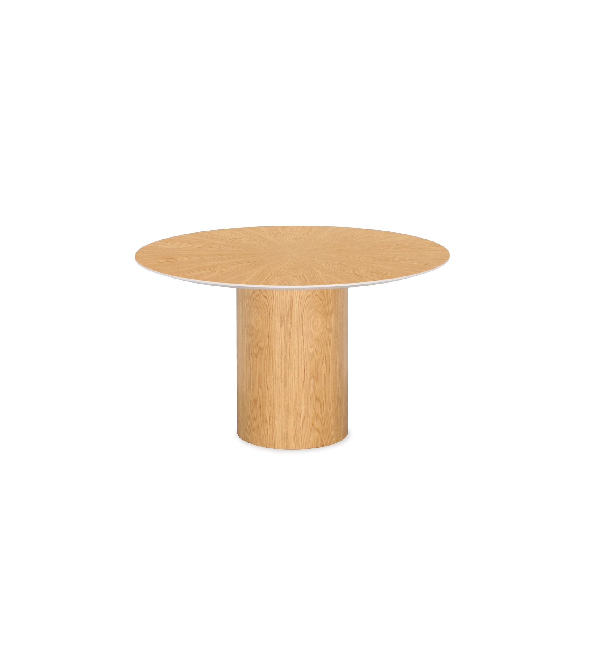 Geneve round dining table Ø 130 cm, sunburst top and natural oak base, with pearl lacquered top detail.