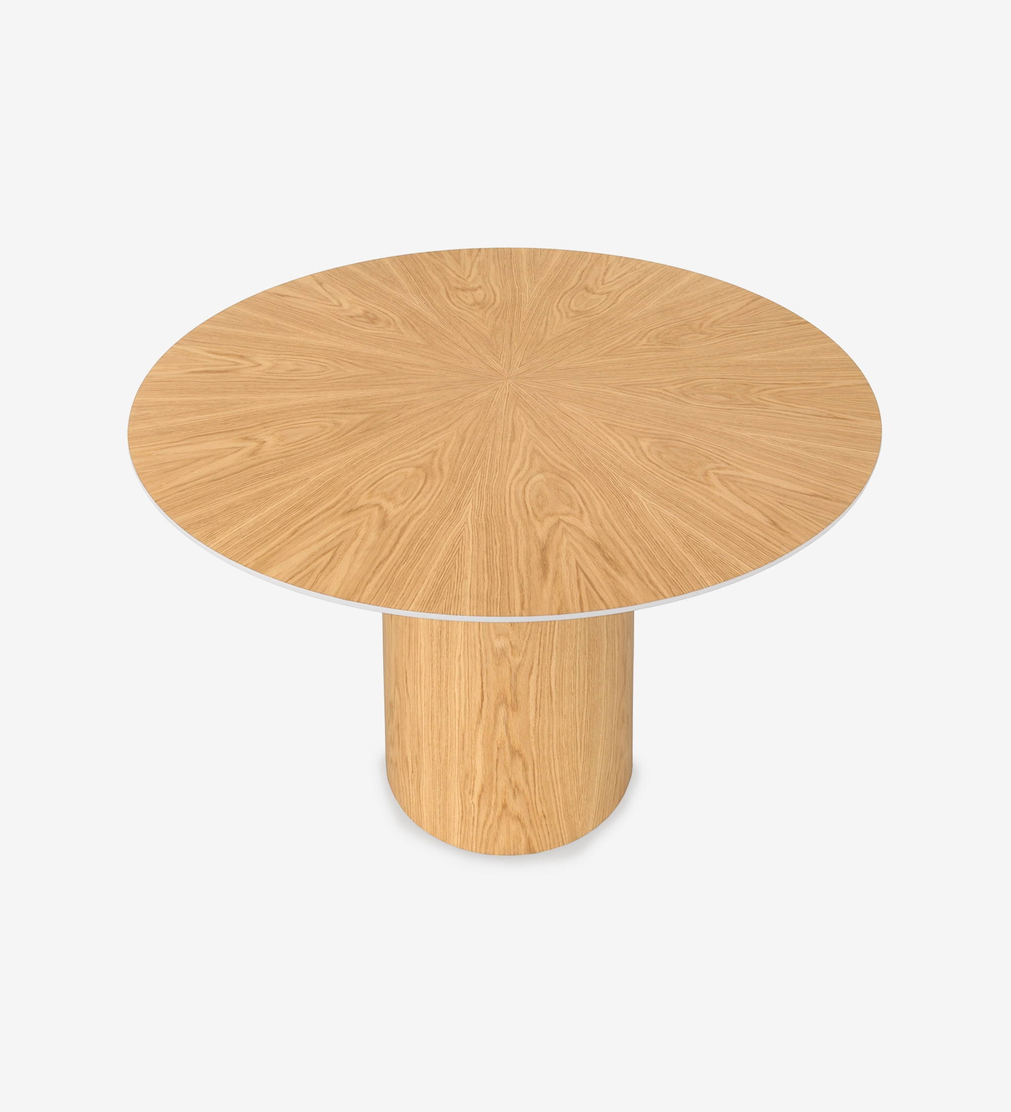 Geneve round dining table Ø 130 cm, sunburst top and natural oak base, with pearl lacquered top detail.