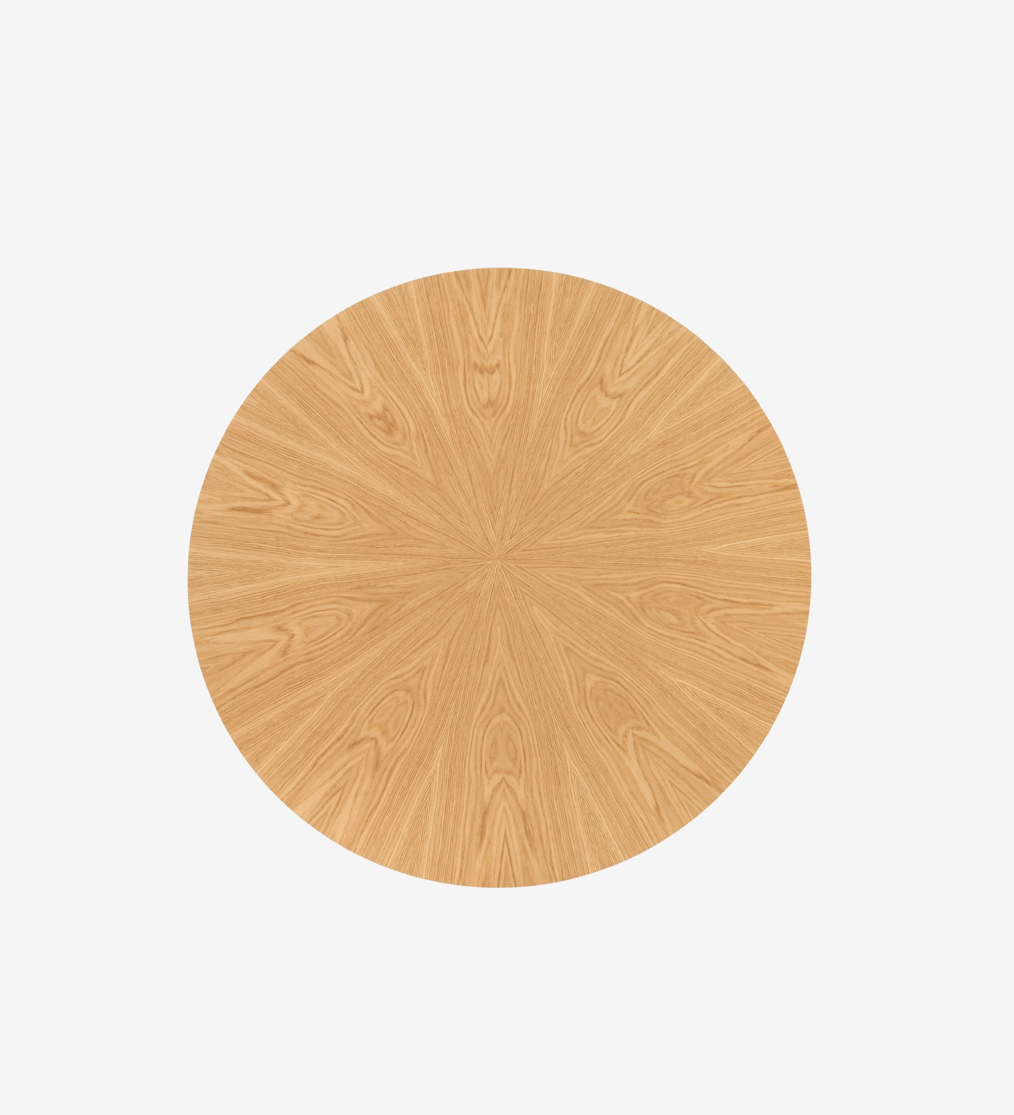 Geneve round dining table Ø 130 cm, sunburst top and natural oak base, with pearl lacquered top detail.