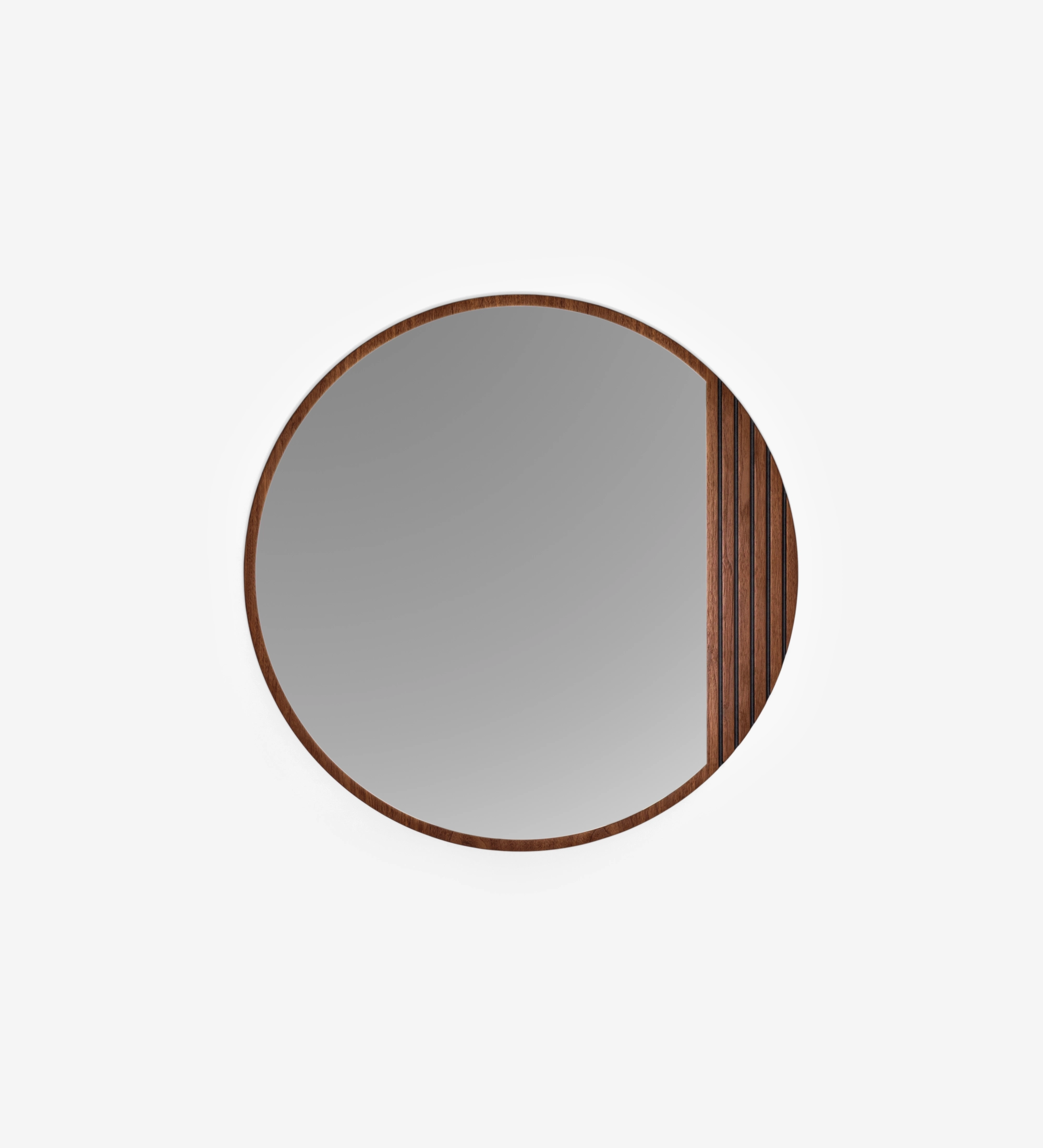Round mirror with friezes in natural walnut