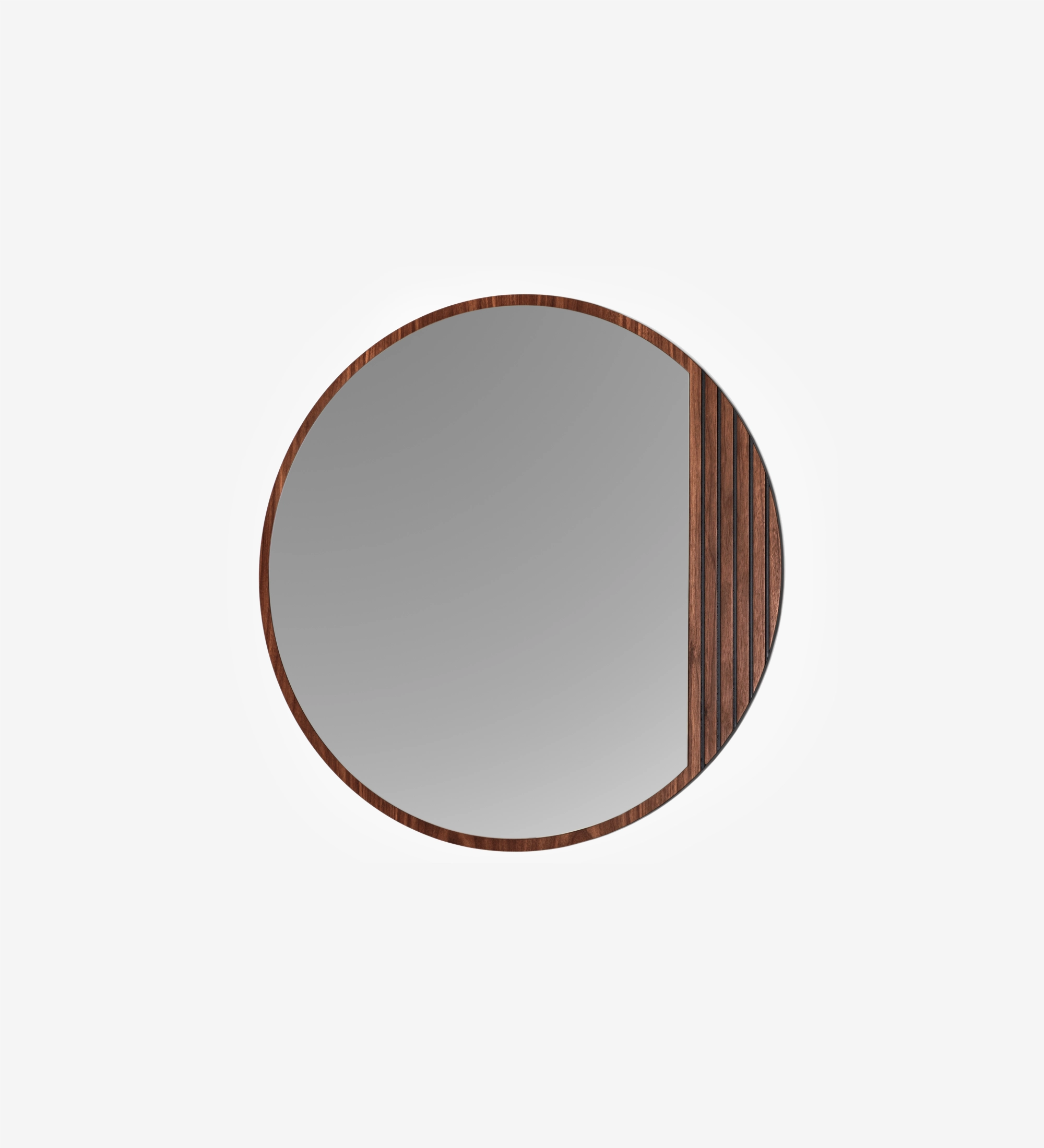 Round mirror with friezes in natural walnut