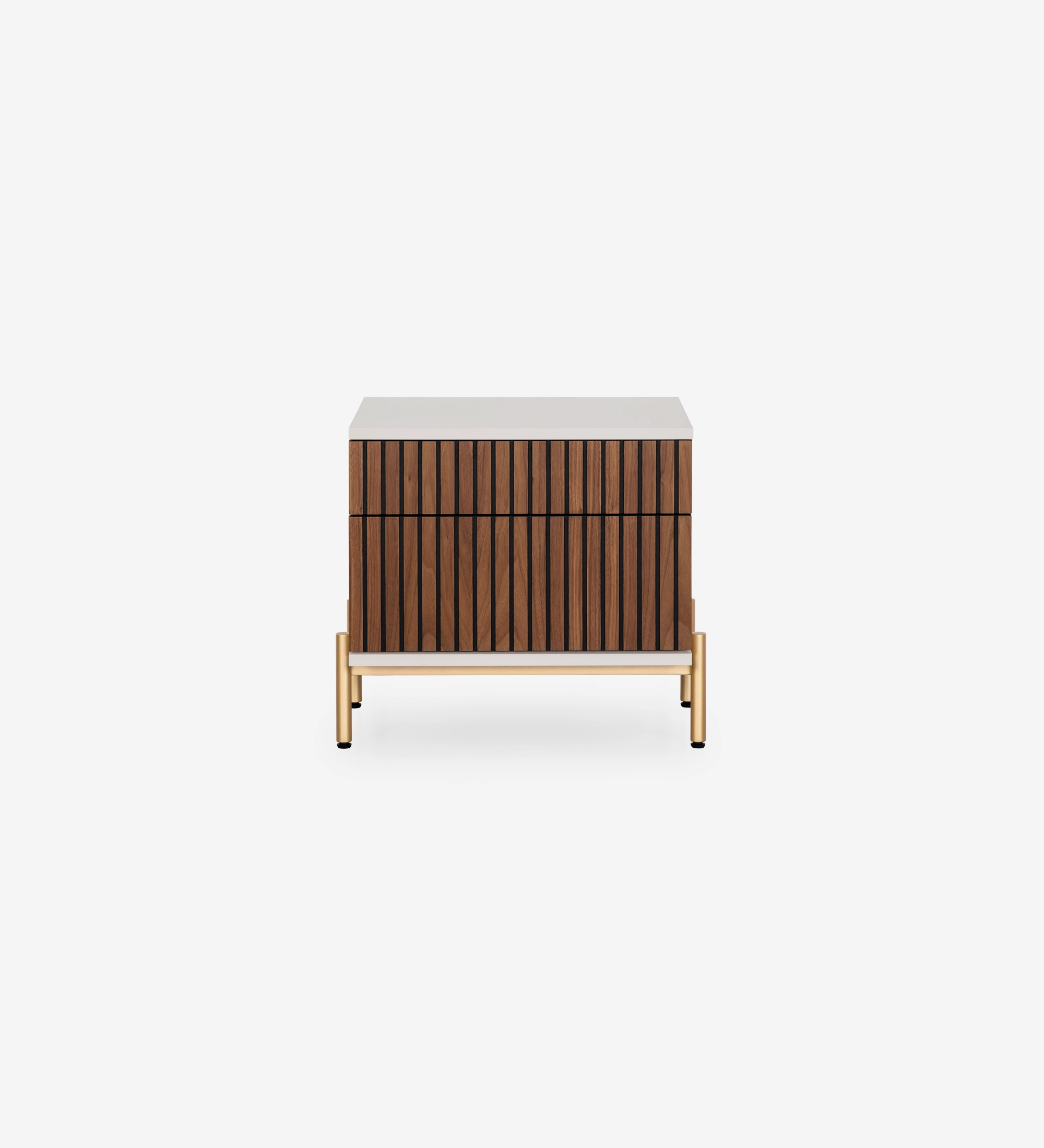 Bedside table with 2 drawers with natural walnut trim, pearl structure and gold lacquered metal legs with levelers.