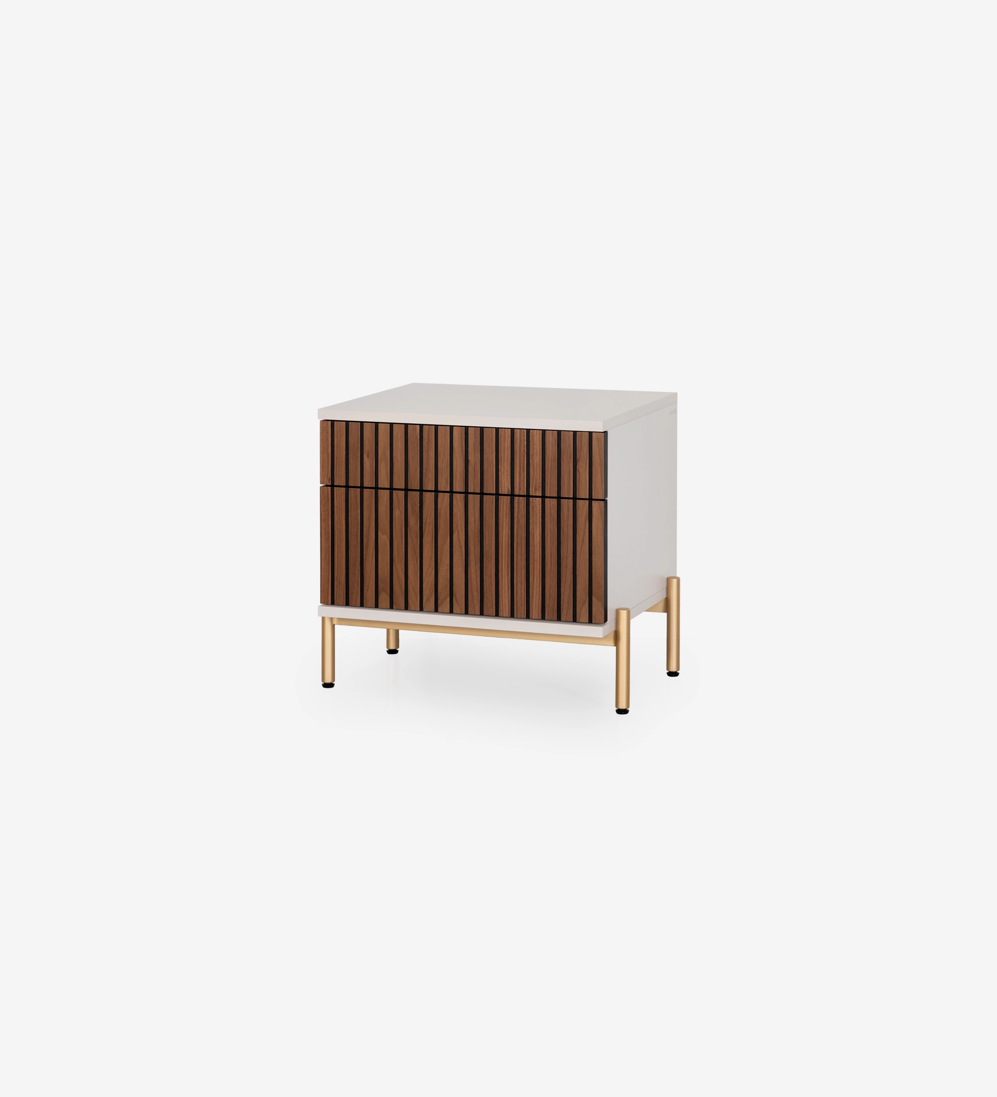 Bedside table with 2 drawers with natural walnut trim, pearl structure and gold lacquered metal legs with levelers.