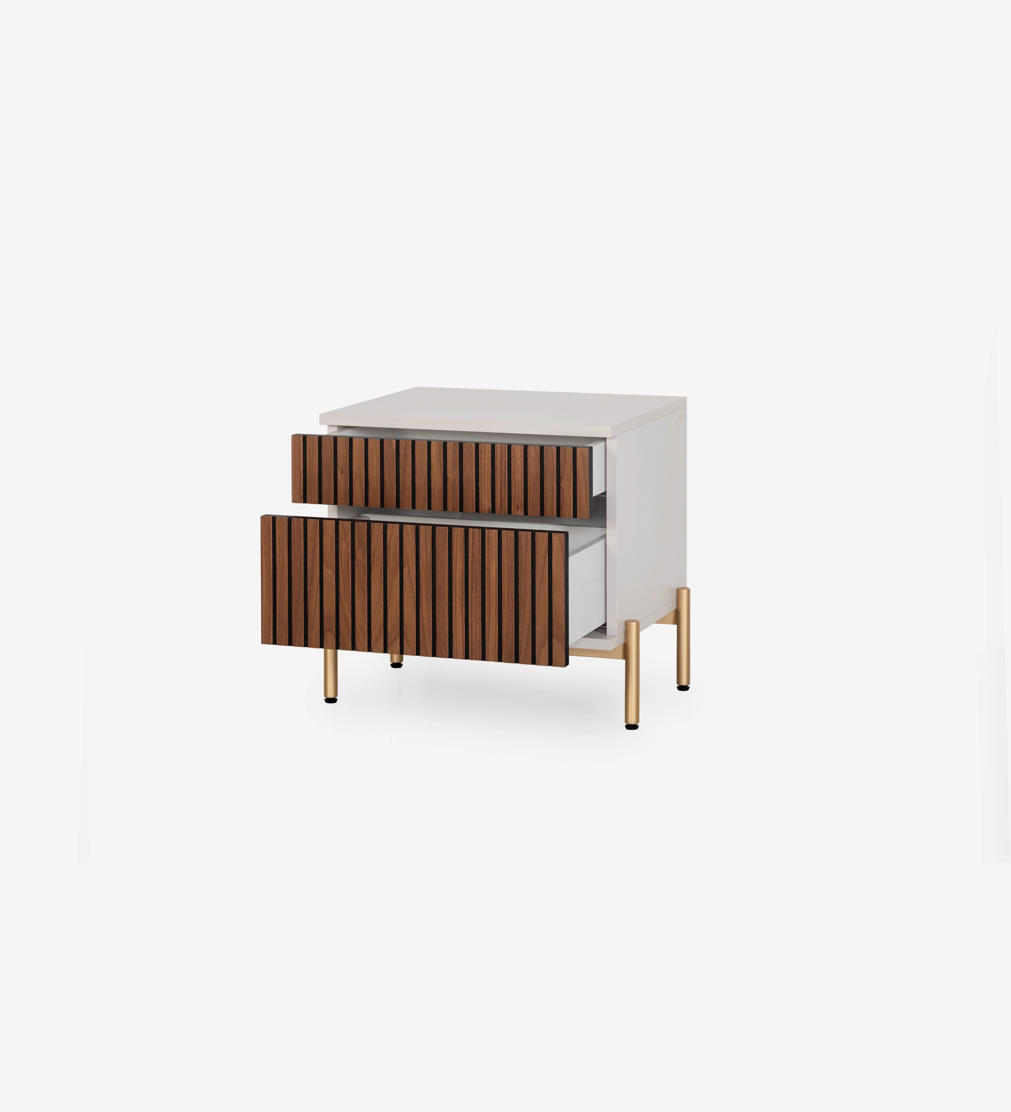 Bedside table with 2 drawers with natural walnut trim, pearl structure and gold lacquered metal legs with levelers.