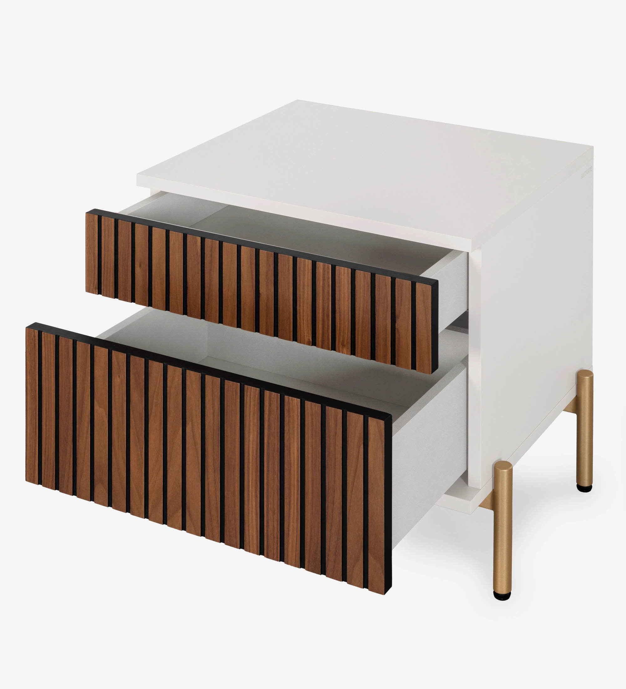 Bedside table with 2 drawers with natural walnut trim, pearl structure and gold lacquered metal legs with levelers.