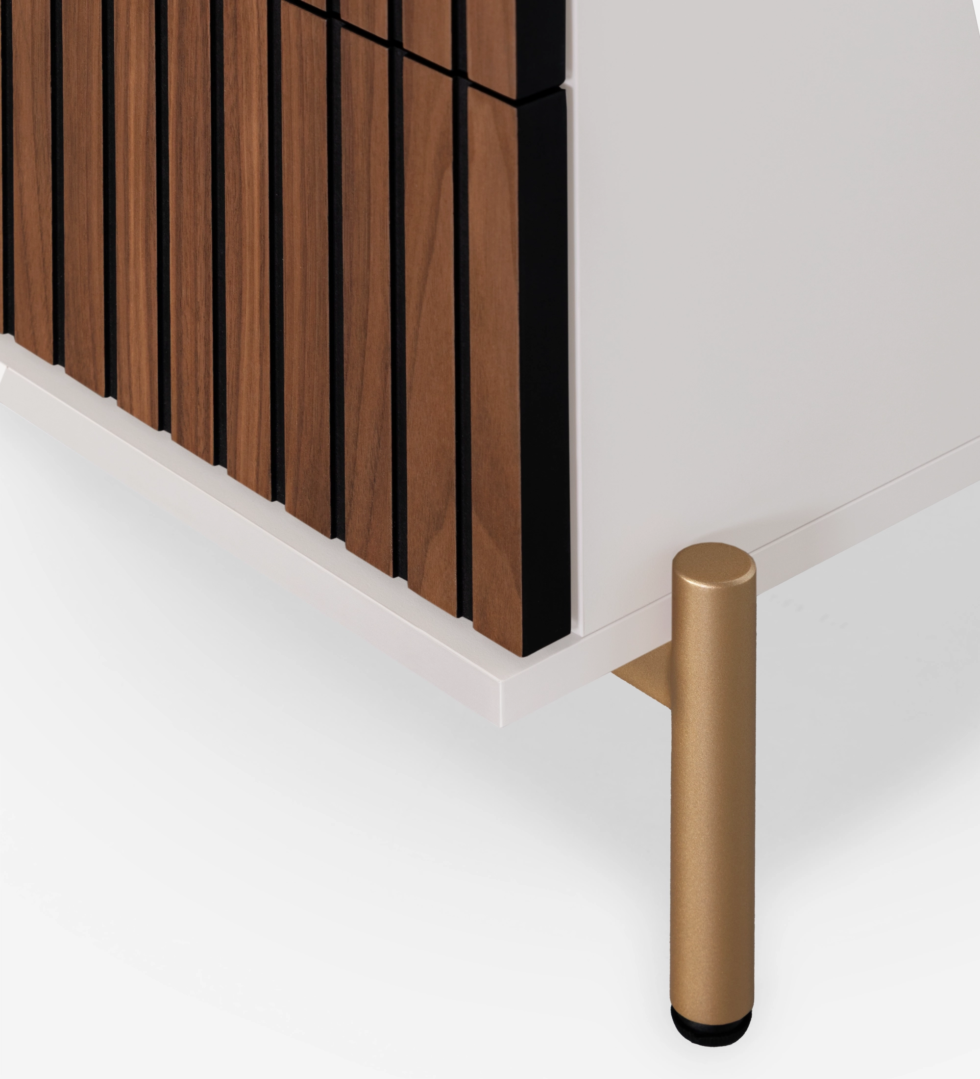 Bedside table with 2 drawers with natural walnut trim, pearl structure and gold lacquered metal legs with levelers.