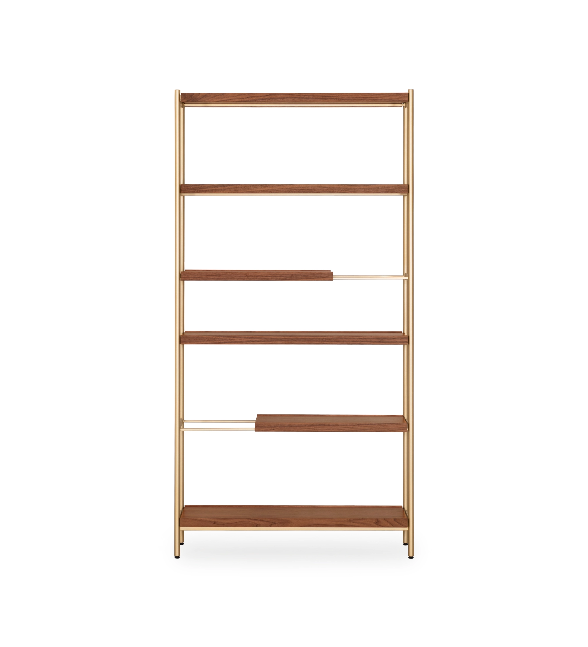 Cannes bookcase in natural walnut, gold lacquered metal structure and feet with levelers, 105 x 203 cm.