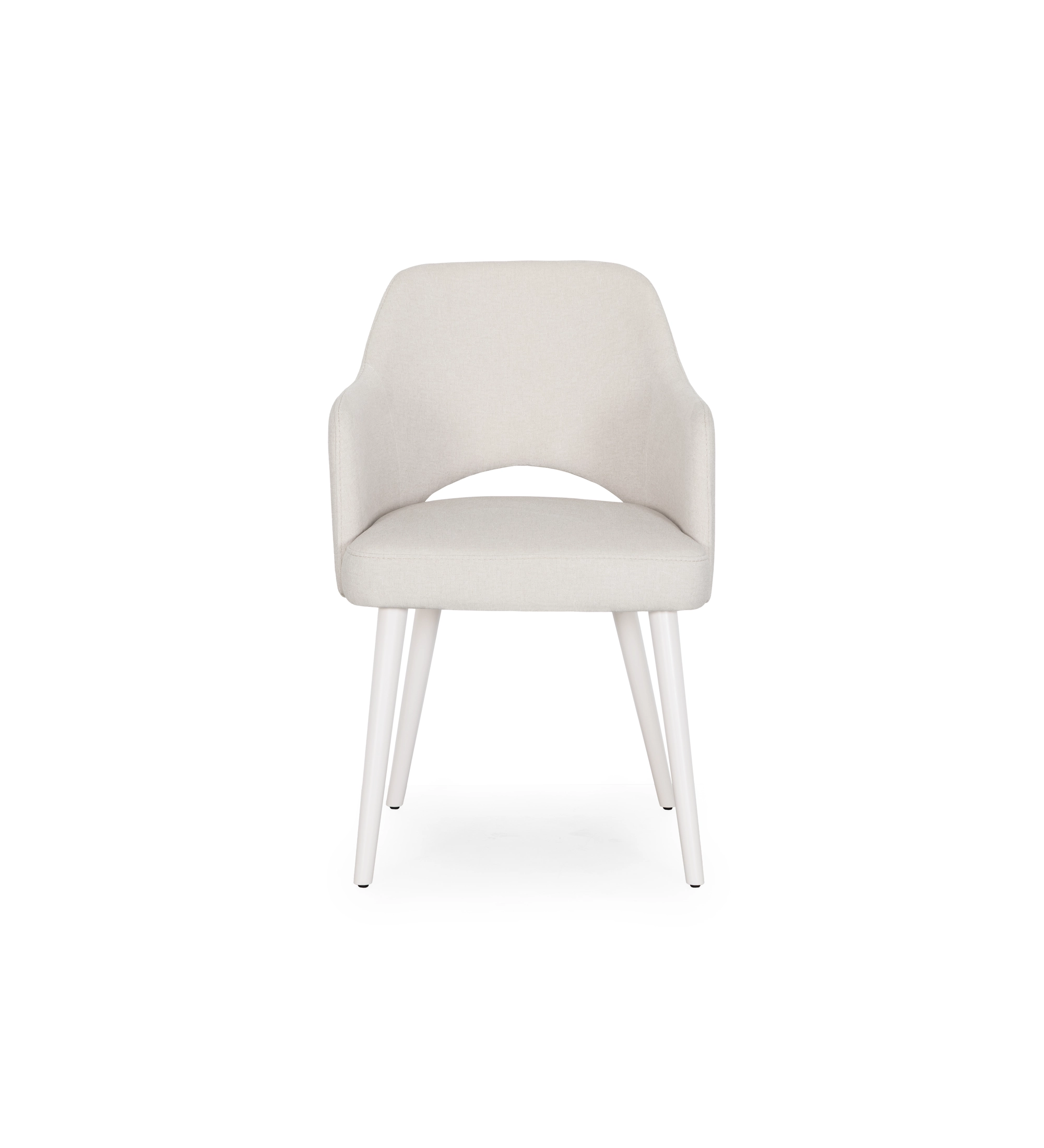 Chair with armrests upholstered in pearl fabric and pearl lacquered foot.