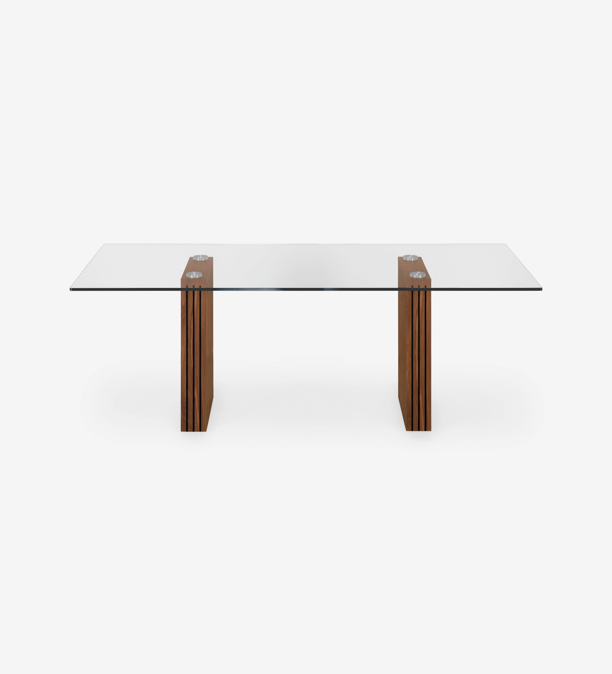 Cannes rectangular dining table 200 x 98 cm, glass top, natural walnut slatted feet.