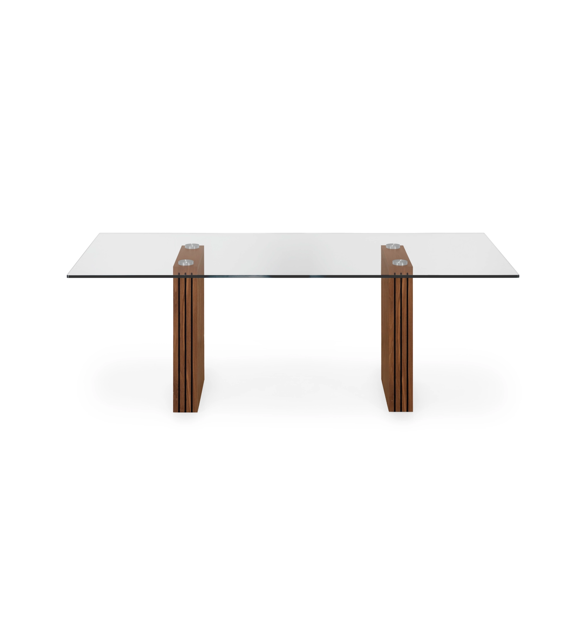 Cannes rectangular dining table 200 x 98 cm, glass top, natural walnut slatted feet.