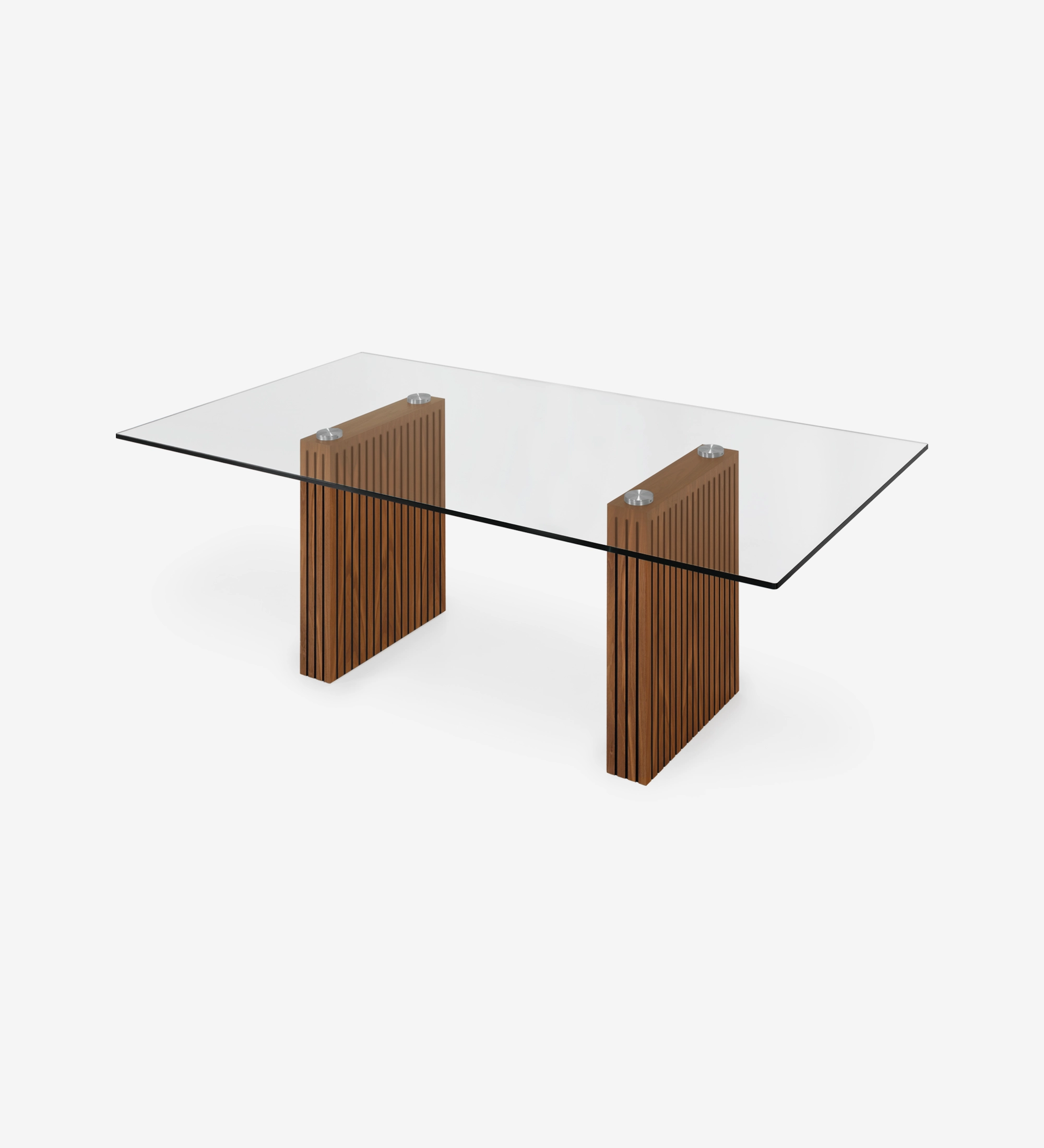 Cannes rectangular dining table 200 x 98 cm, glass top, natural walnut slatted feet.