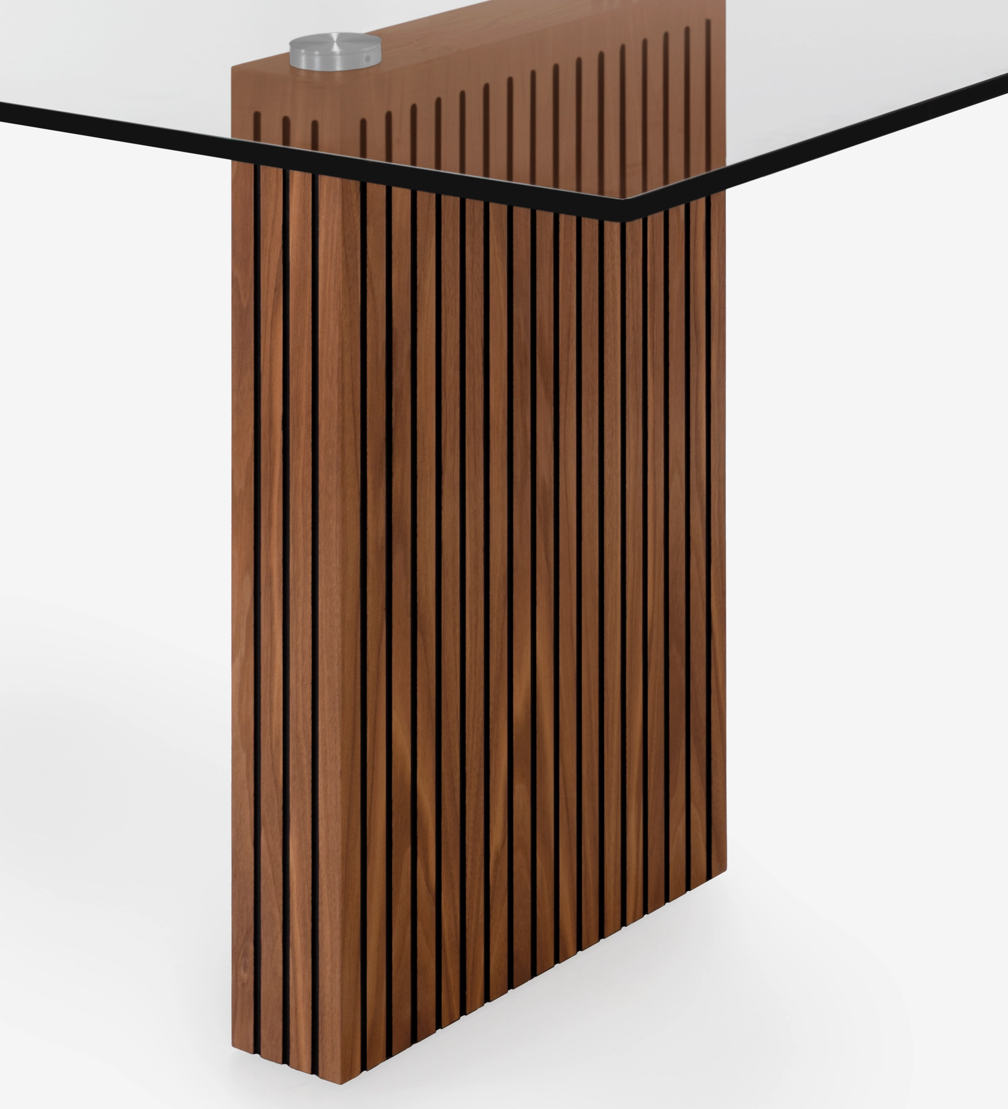 Cannes rectangular dining table 200 x 98 cm, glass top, natural walnut slatted feet.