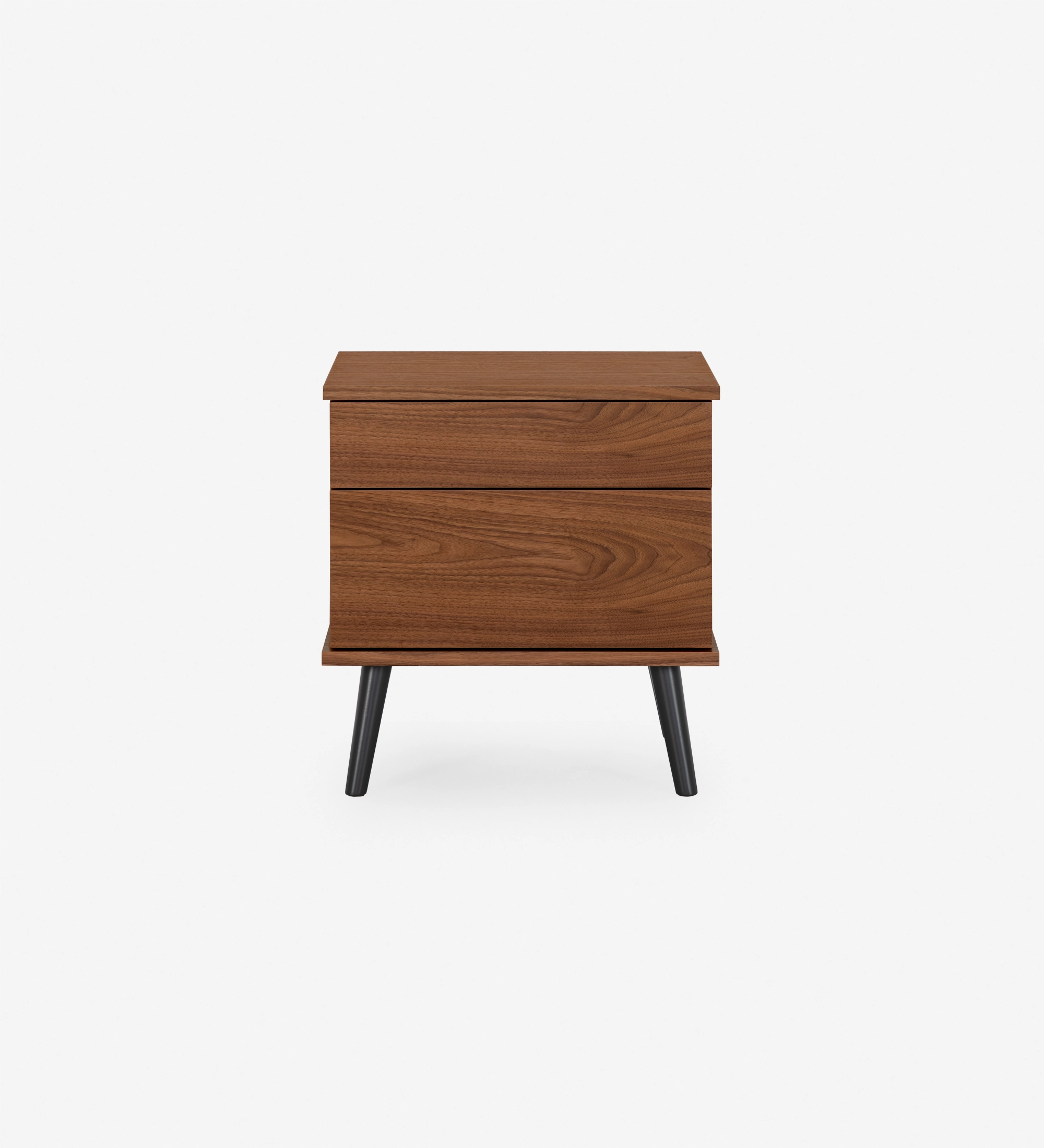 Oslo bedside table with 2 drawers and structure in natural walnut veneer. Black lacquered legs. Dimensions: 55 x 57.5 cm.