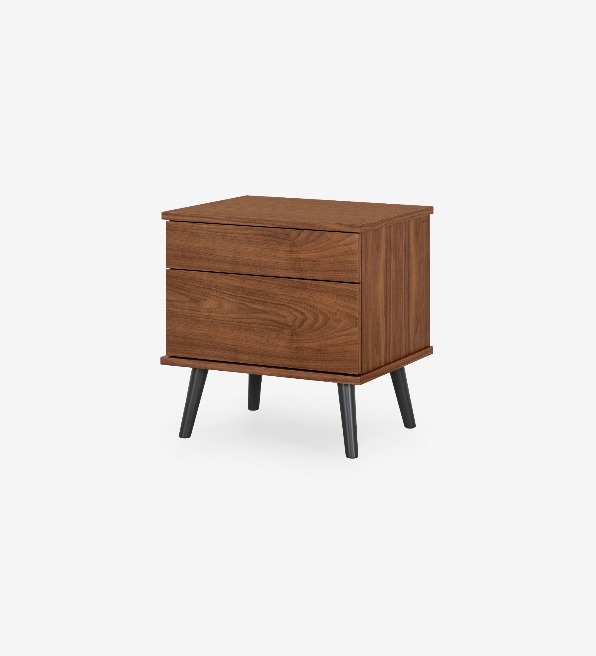 Oslo bedside table with 2 drawers and structure in natural walnut veneer. Black lacquered legs. Dimensions: 55 x 57.5 cm.