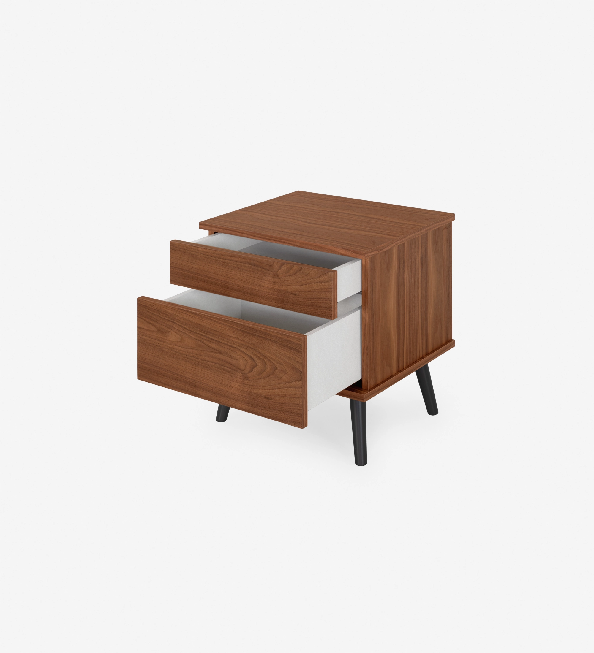 Oslo bedside table with 2 drawers and structure in natural walnut veneer. Black lacquered legs. Dimensions: 55 x 57.5 cm.