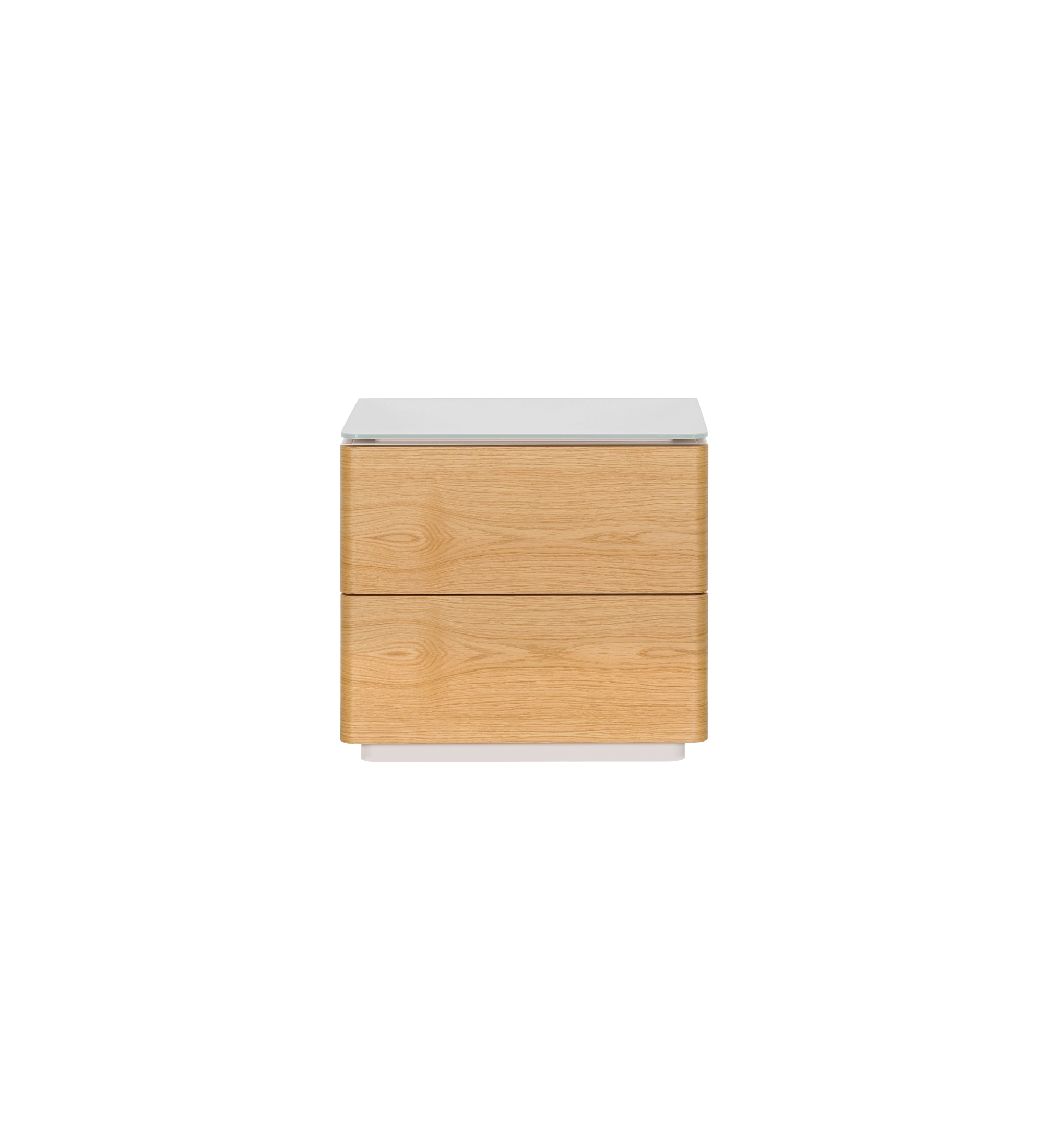 Bedside table with 2 drawers in natural oak, pearl lacquered frame and glass top.