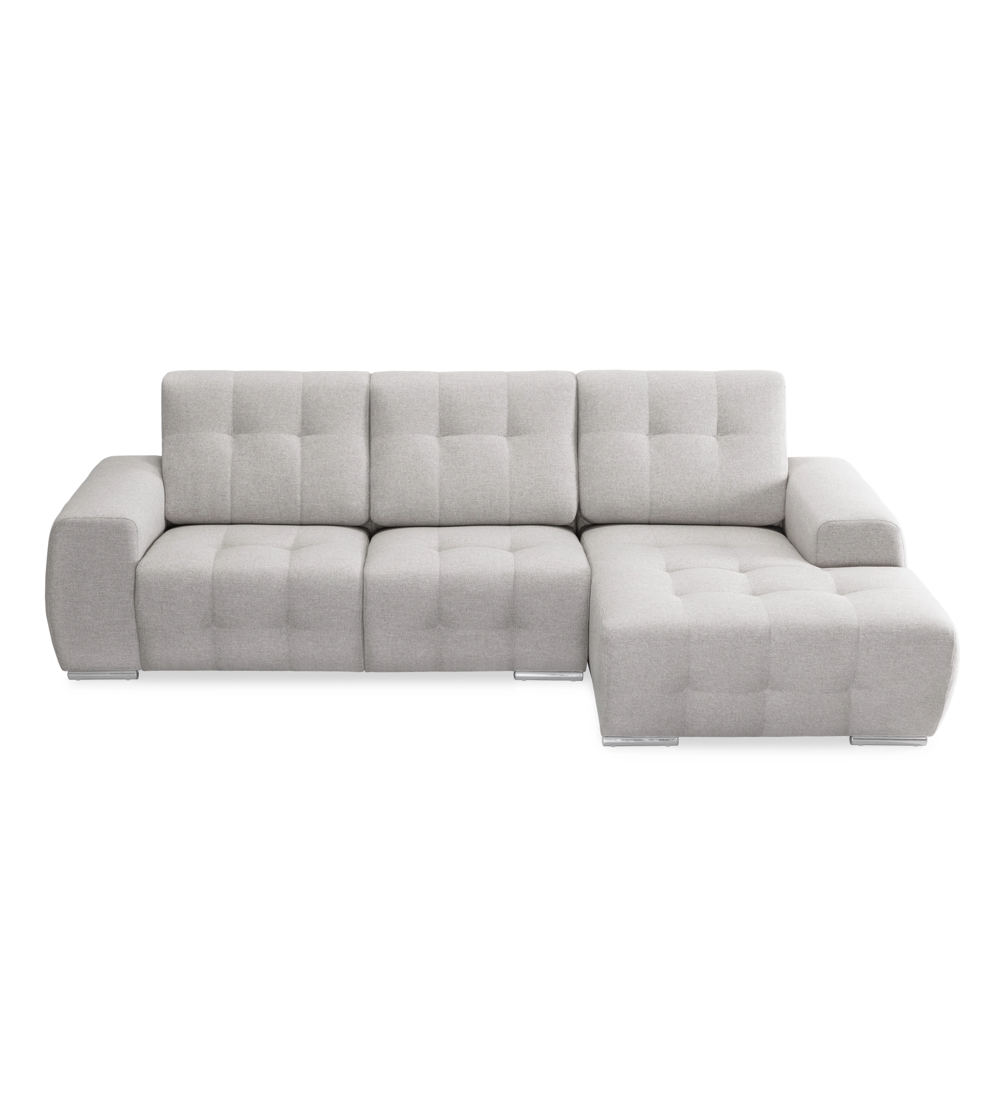 Sofá Madrid 2 lugares e chaise longue direita, estofado a tecido cinzento, 287 cm.