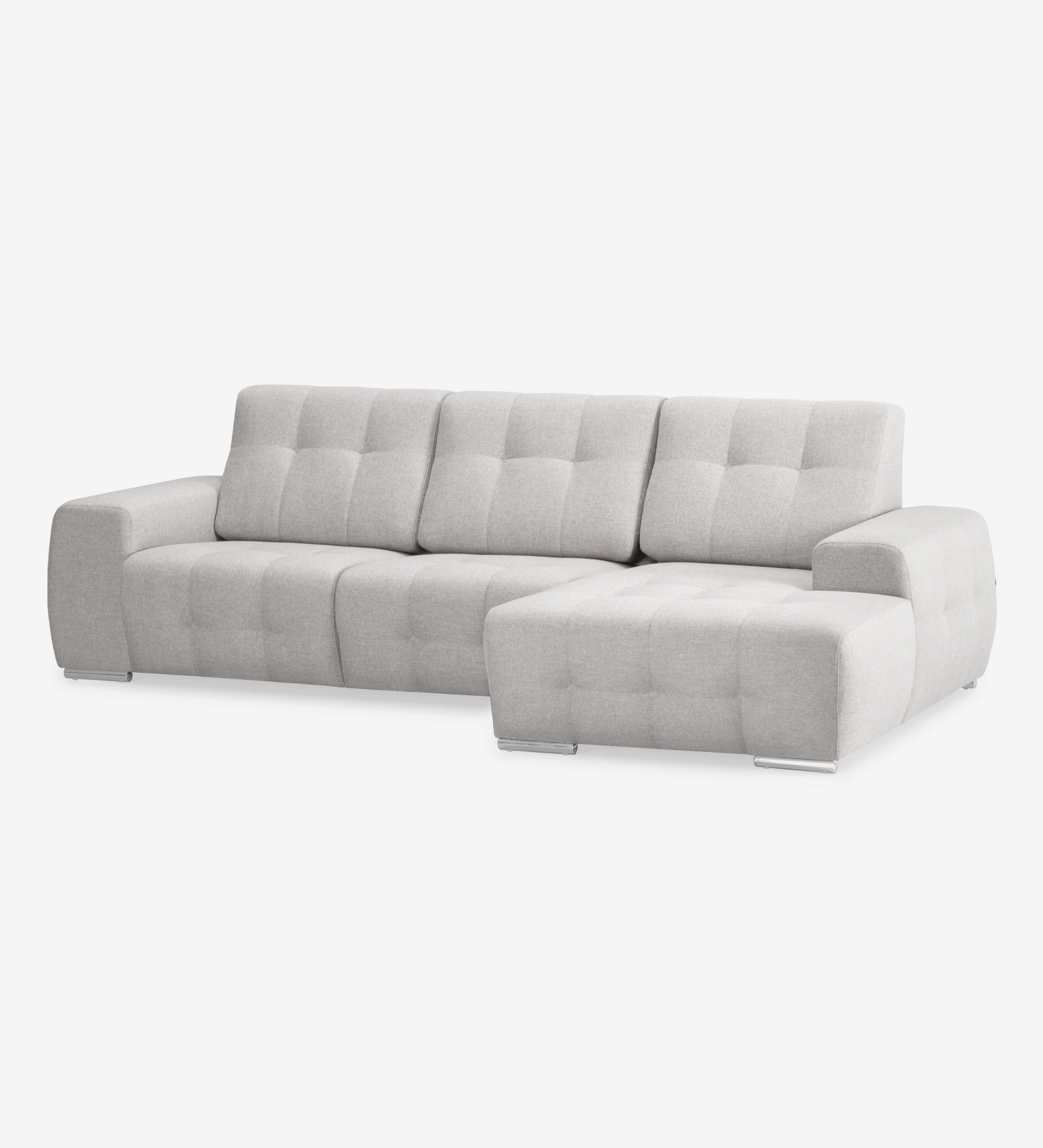 Sofá Madrid 2 plazas y chaise longue derecha, tapizado en tela gris, 287 cm.