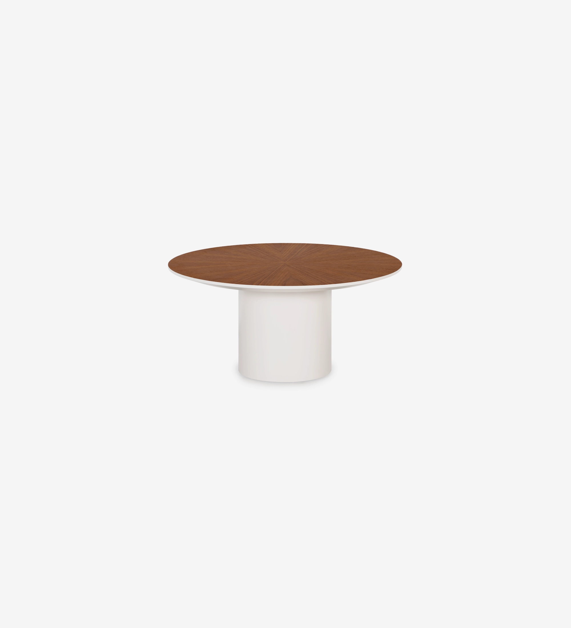 Mesa de centro Paris redonda , tapa en nogal natural, pie lacado perla, Ø 75 cm.