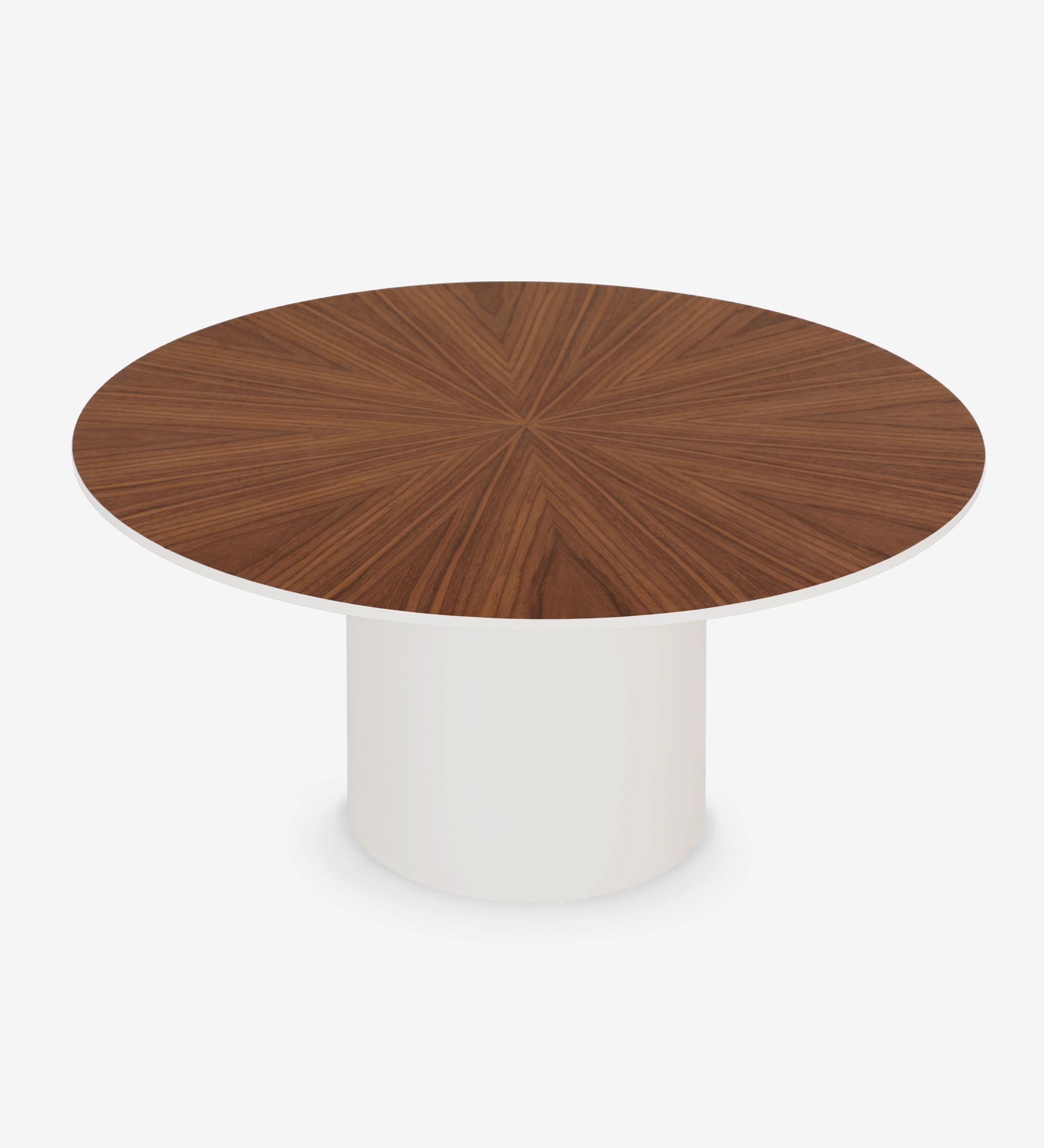 Mesa de centro Paris redonda , tapa en nogal natural, pie lacado perla, Ø 75 cm.