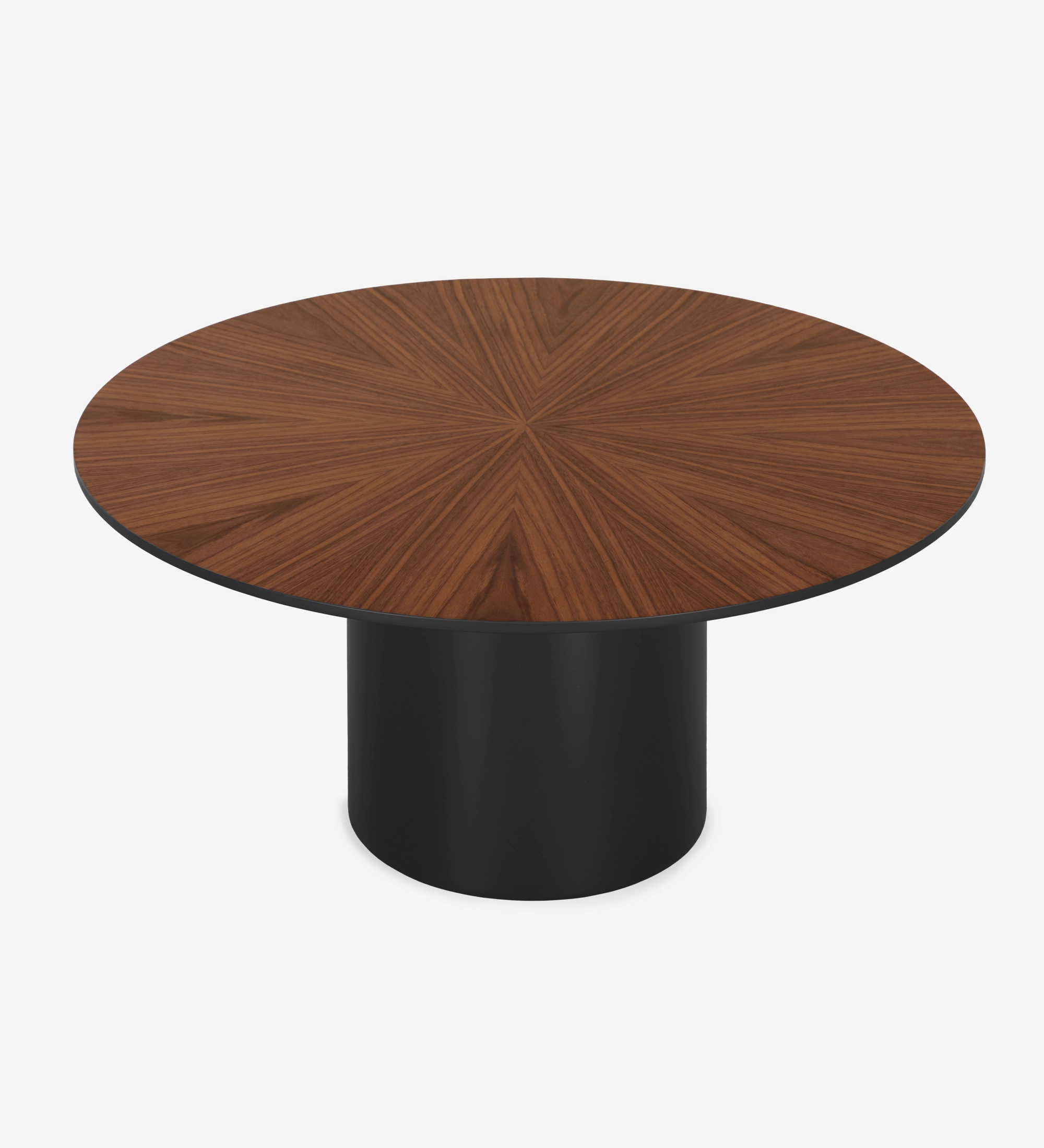 Paris round center table, natural walnut top, black lacquered foot, Ø 75 cm.
