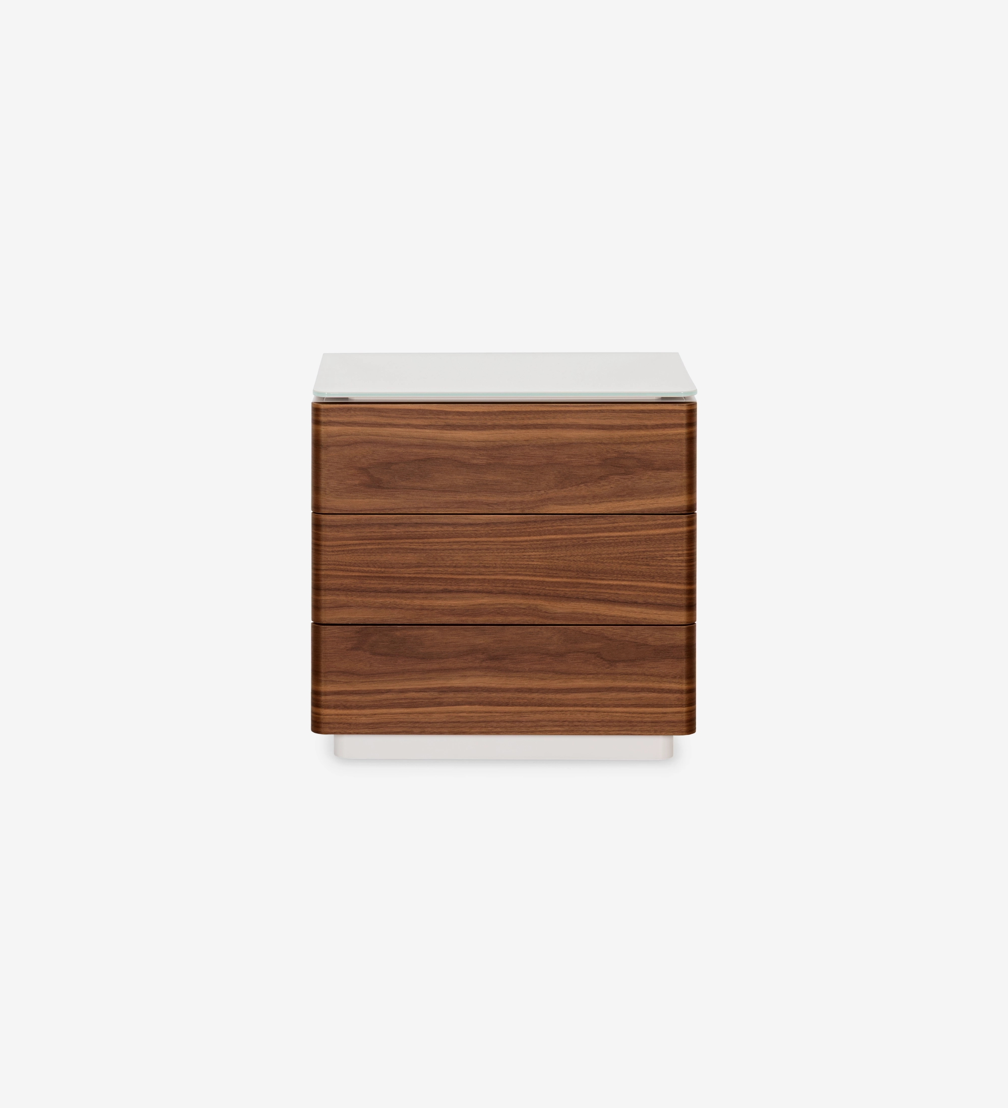 Bedside table with 3 drawers in natural walnut, pearl-lacquered structure and glass top. 