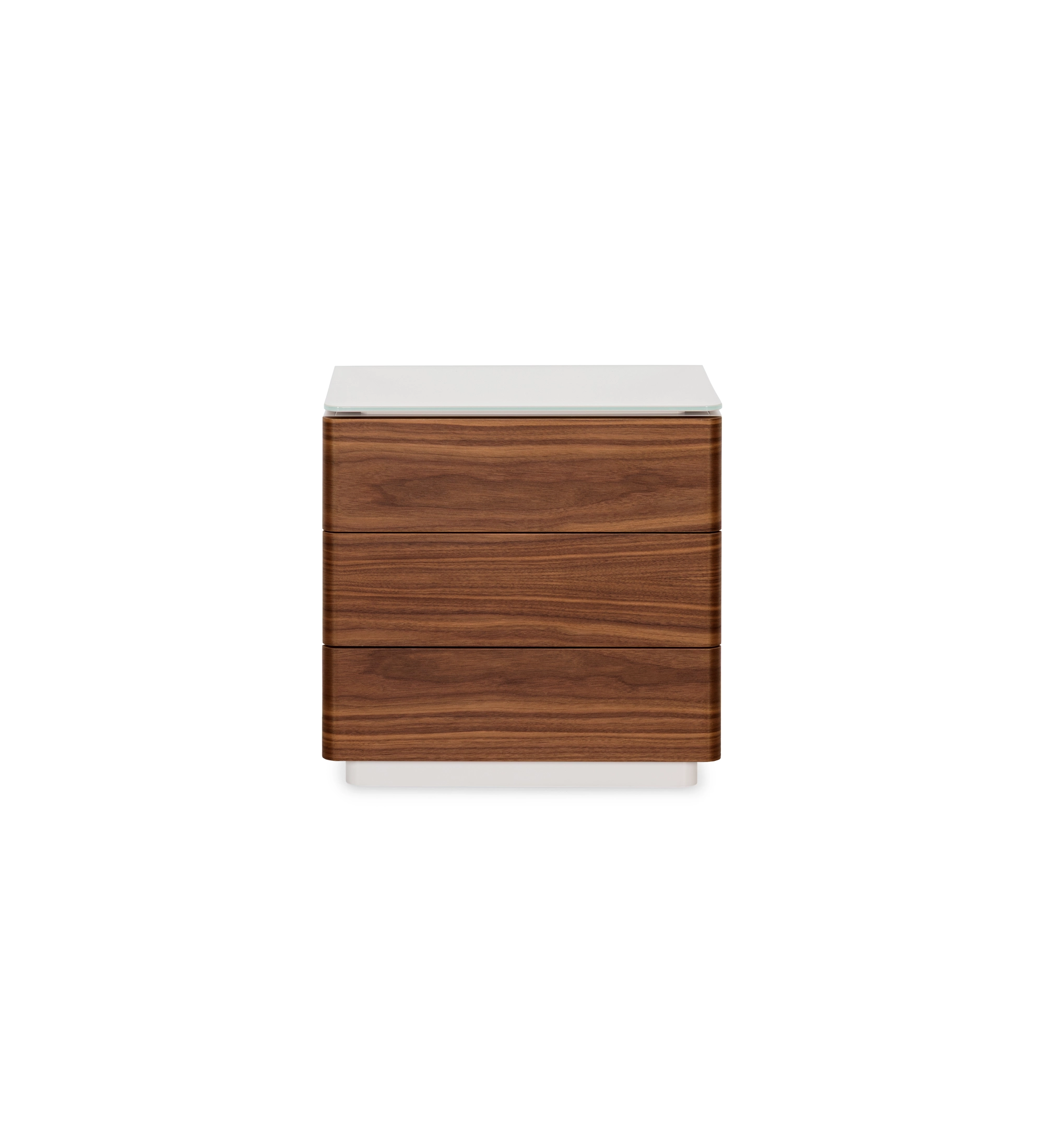 Bedside table with 3 drawers in natural walnut, pearl-lacquered structure and glass top. 