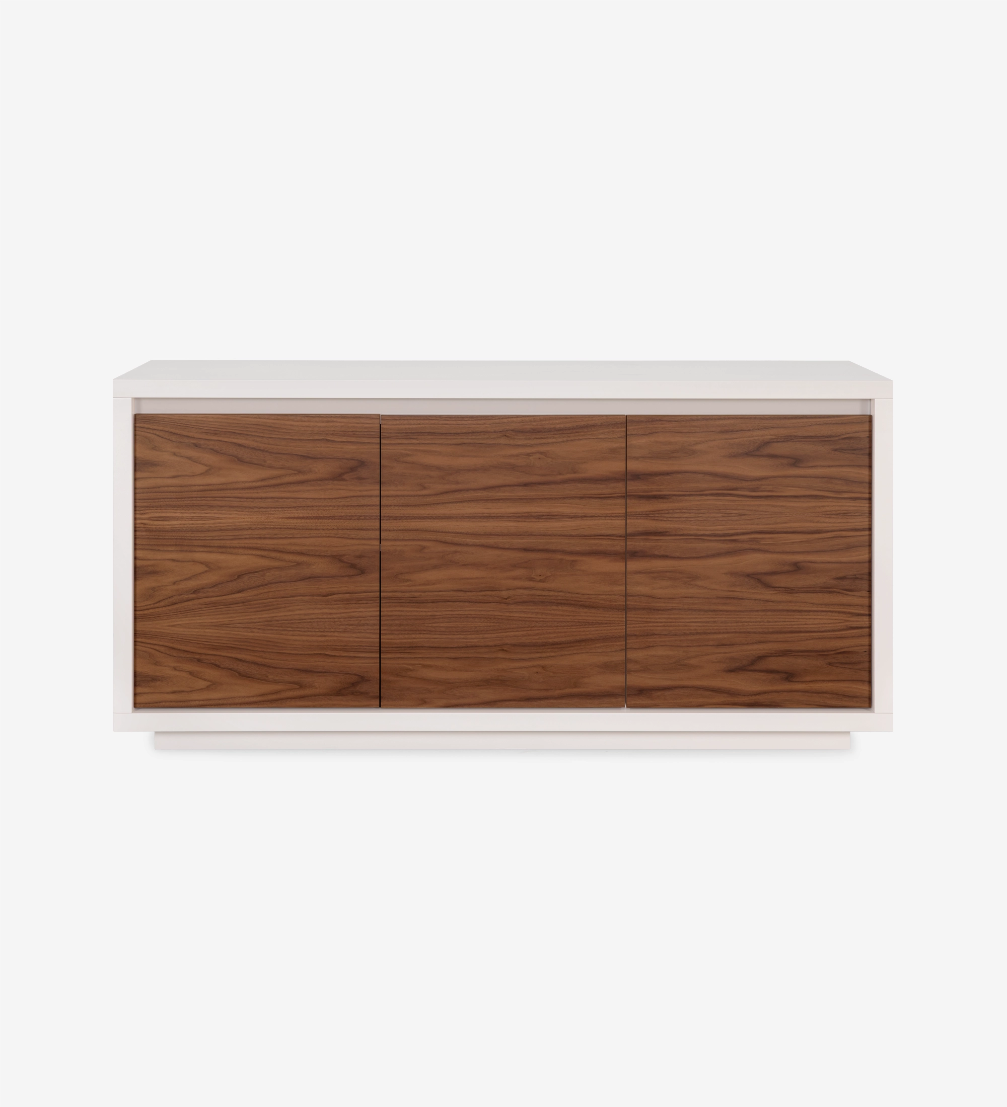 Sideboard with 3 doors in natural walnut, pearl lacquered structure, and pearl glass detail.
