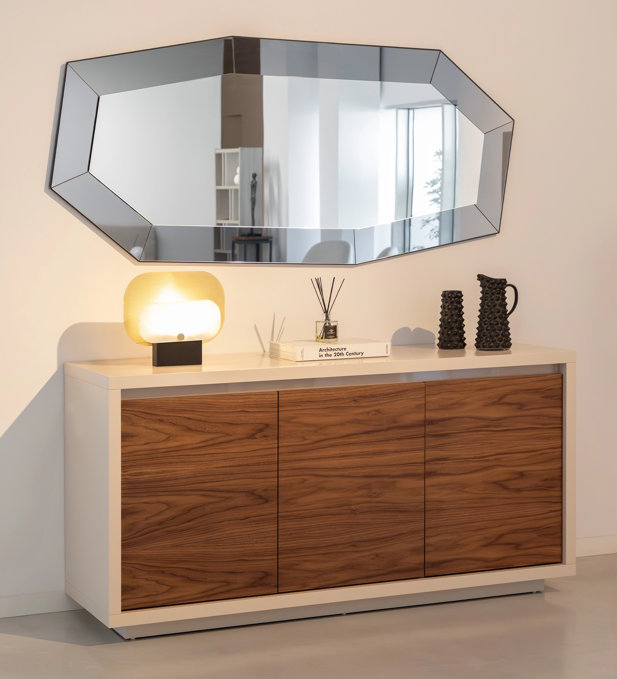 Sideboard with 3 doors in natural walnut, pearl lacquered structure, and pearl glass detail.