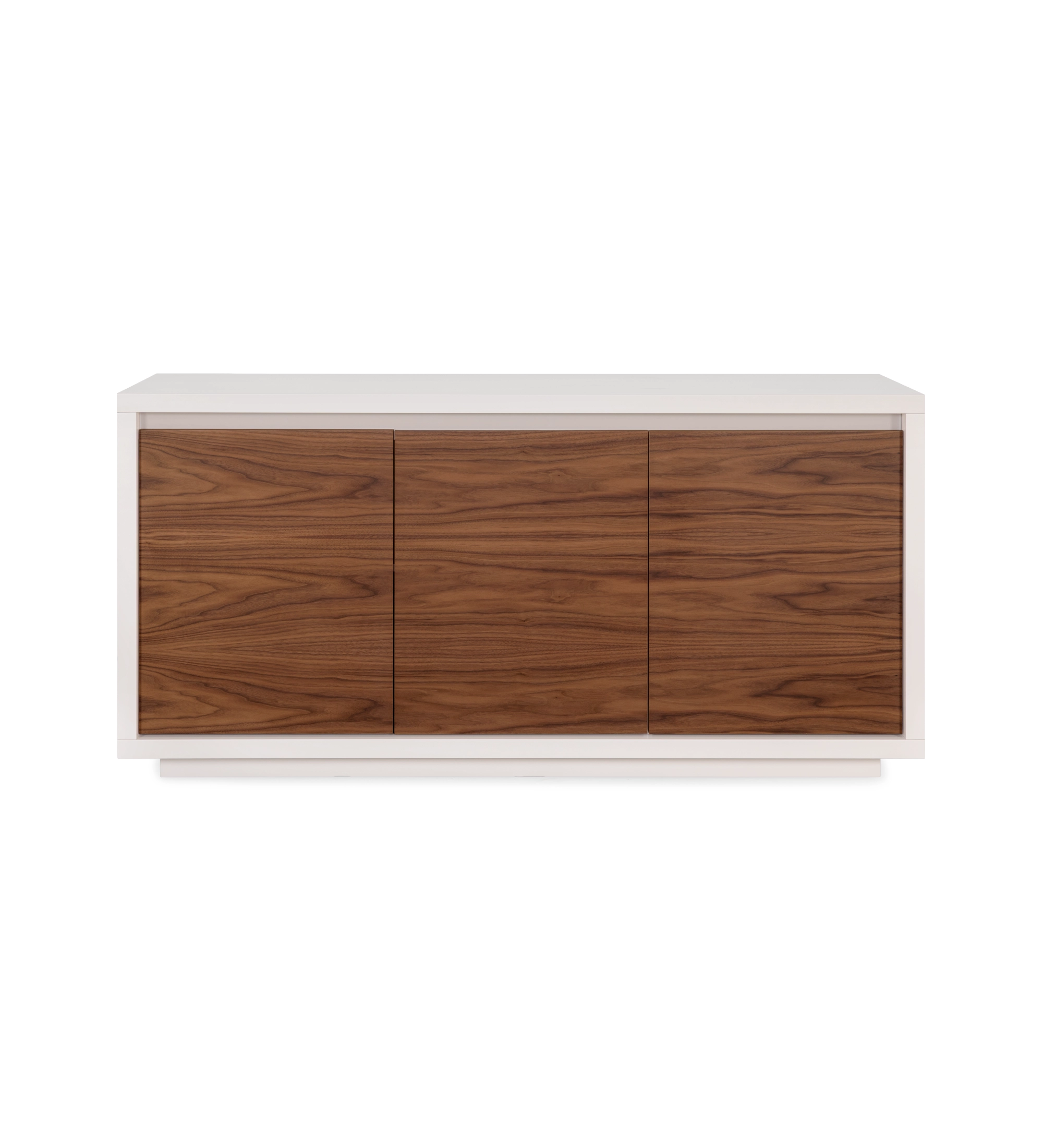 Sideboard with 3 doors in natural walnut, pearl lacquered structure, and pearl glass detail.