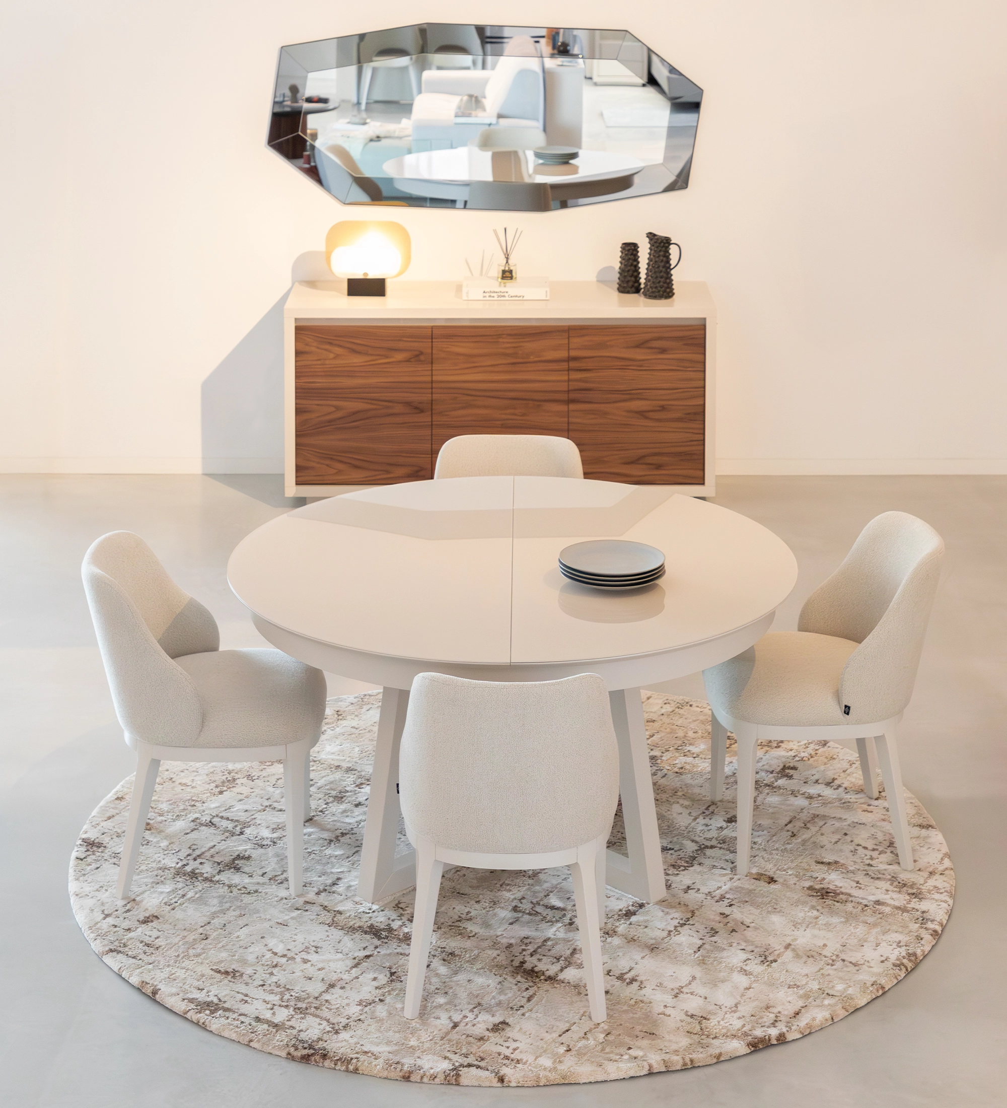 Sideboard with 3 doors in natural walnut, pearl lacquered structure, and pearl glass detail.