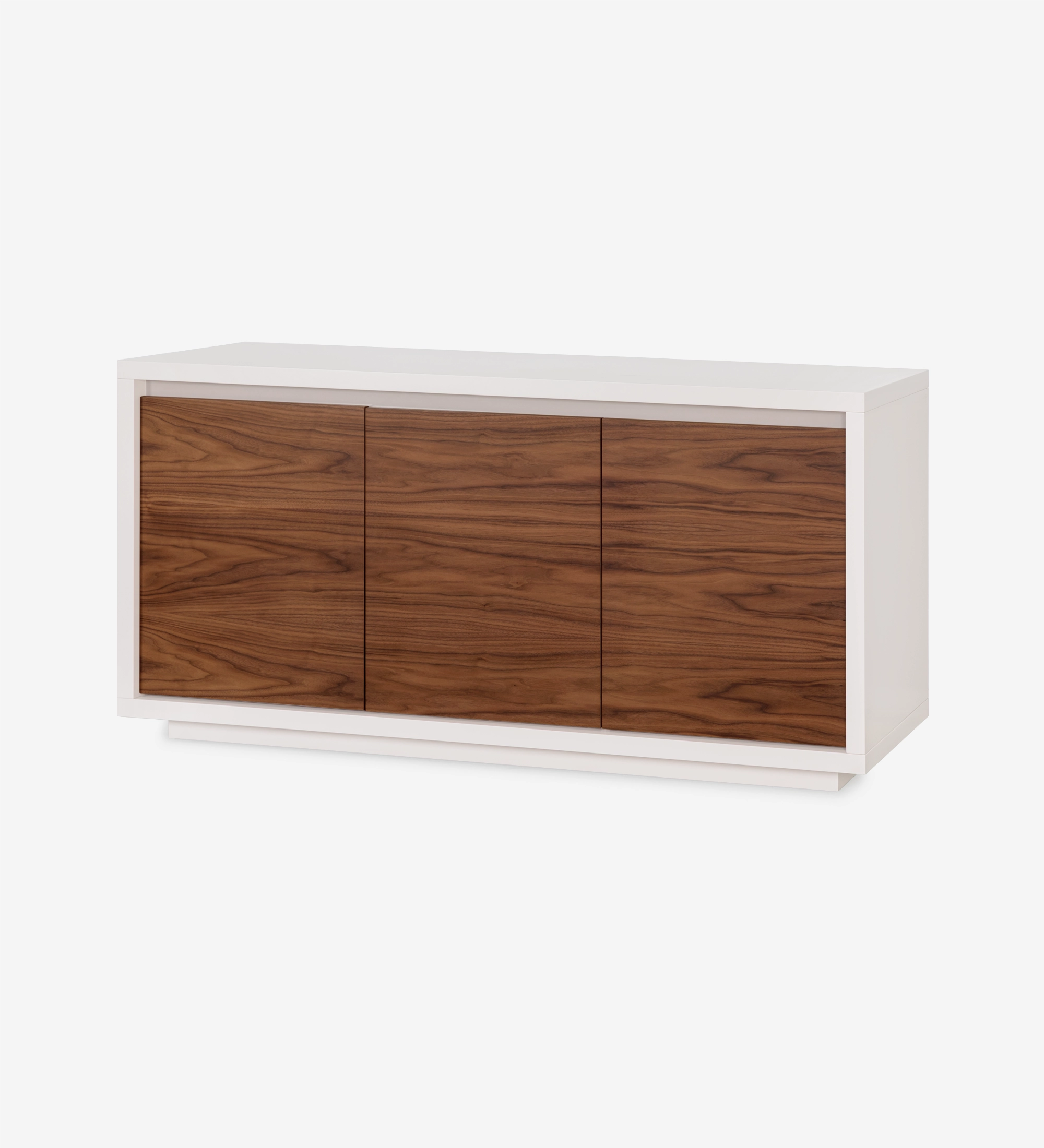 Sideboard with 3 doors in natural walnut, pearl lacquered structure, and pearl glass detail.
