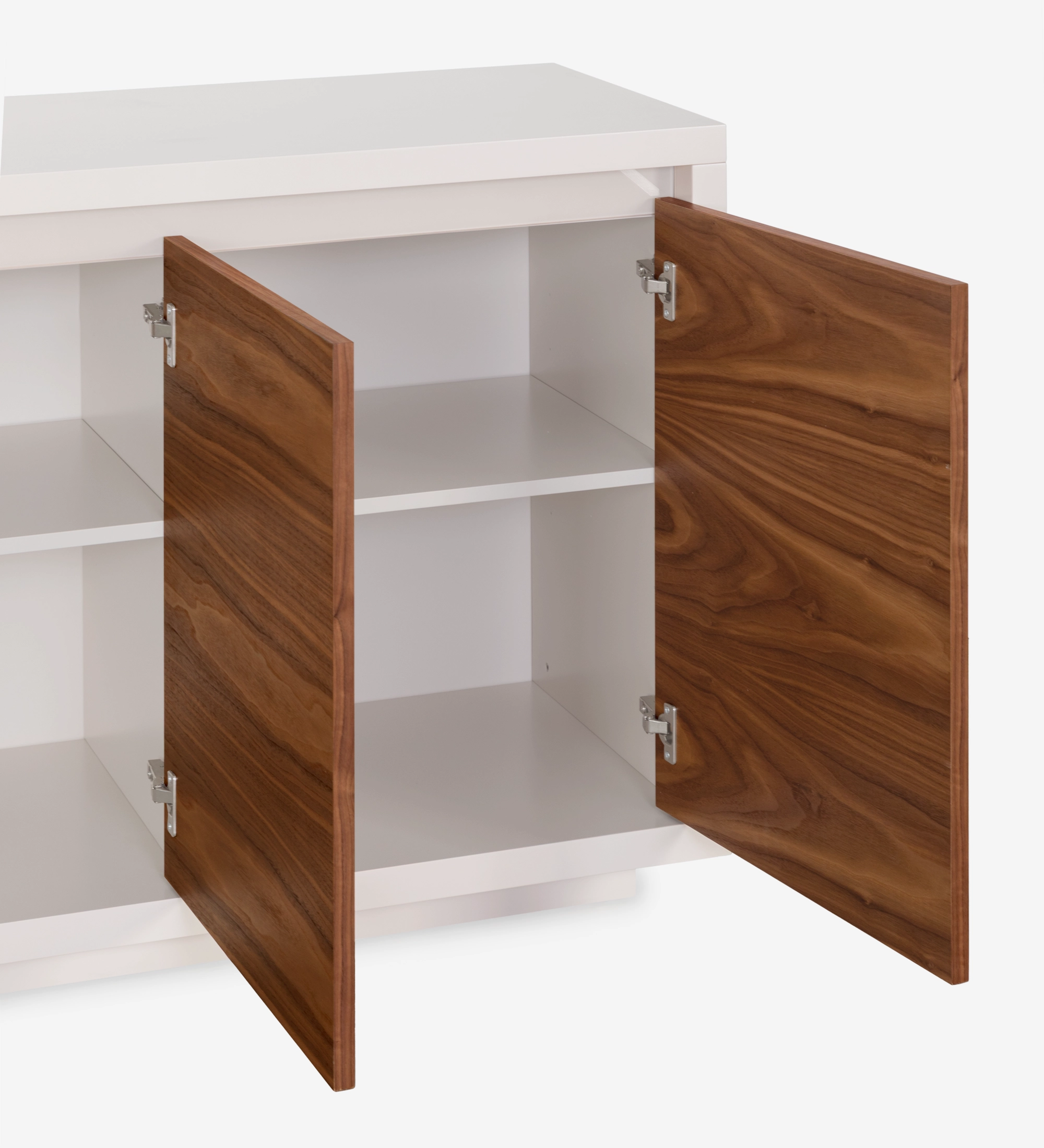 Sideboard with 3 doors in natural walnut, pearl lacquered structure, and pearl glass detail.