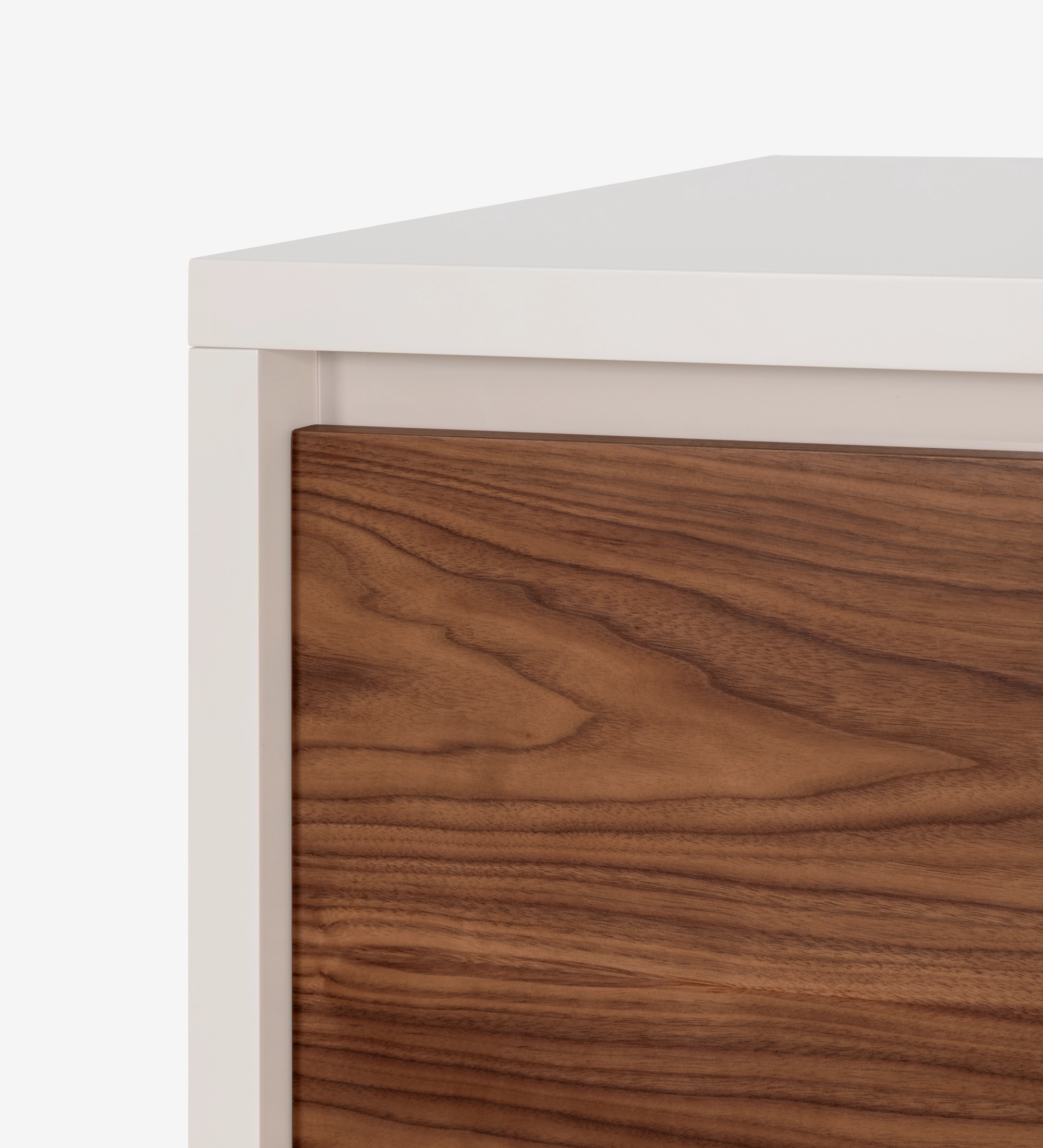 Sideboard with 3 doors in natural walnut, pearl lacquered structure, and pearl glass detail.