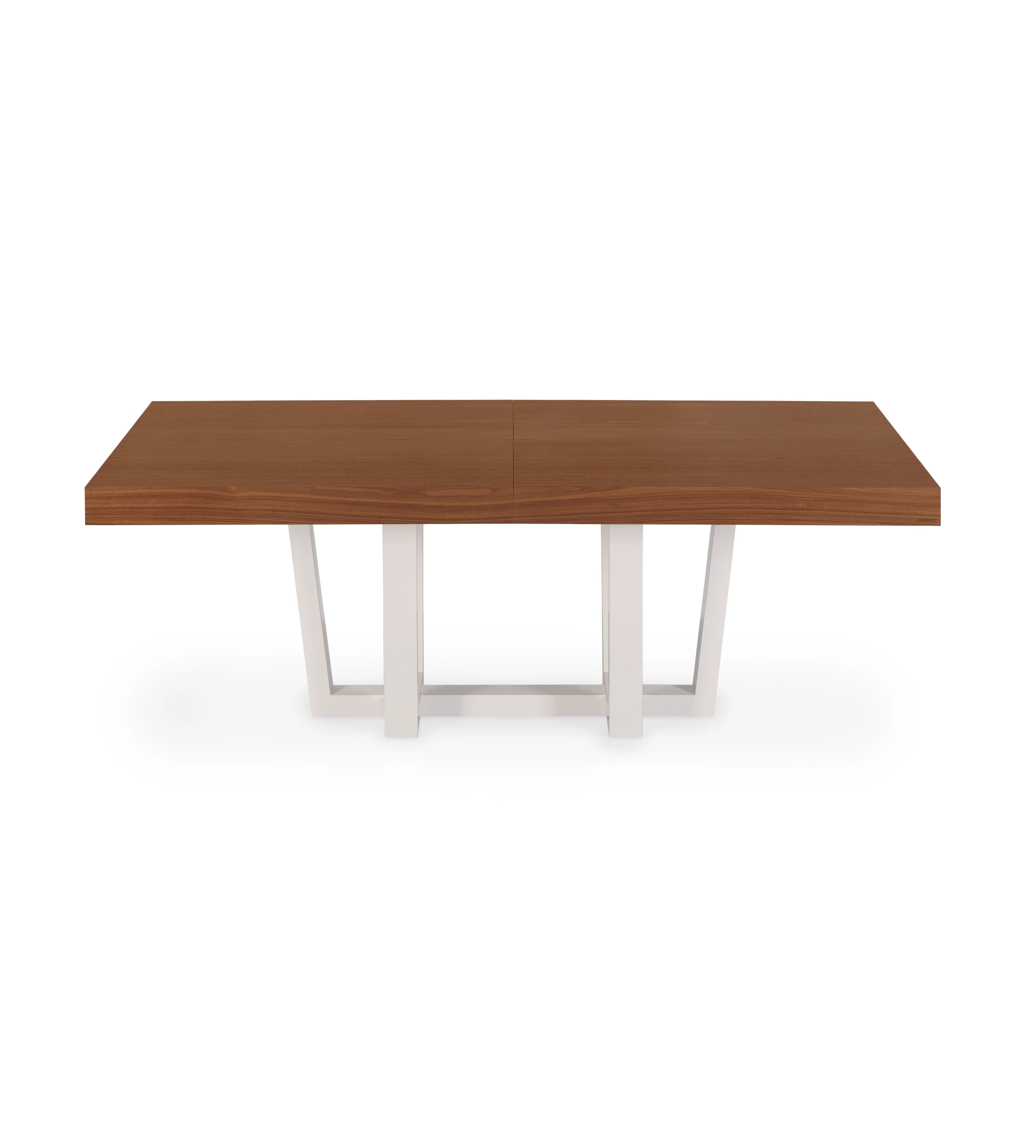 Mesa de jantar extensível retangular com tampo em nogueira natural e pé lacado a pérola.