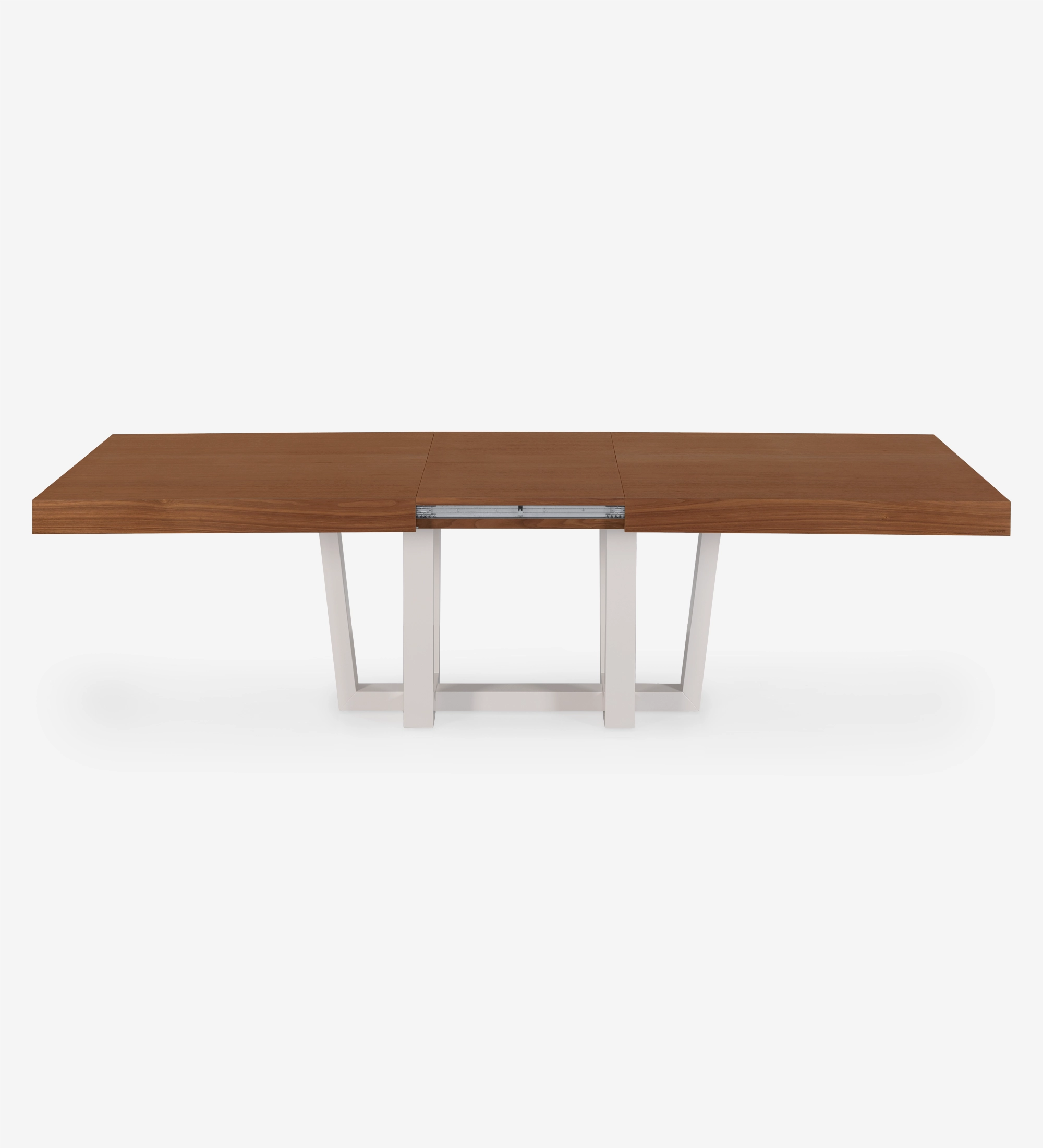 Mesa de jantar extensível retangular com tampo em nogueira natural e pé lacado a pérola.