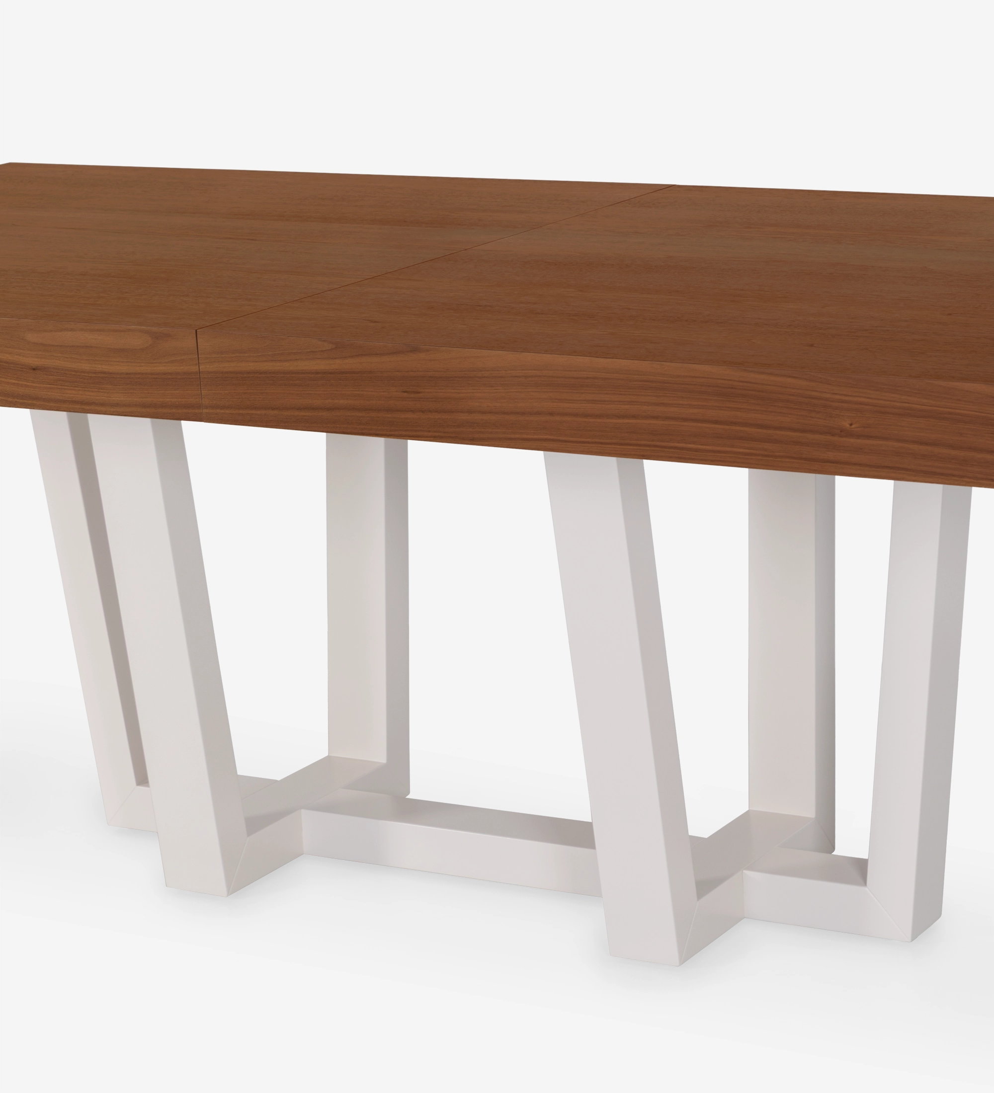 Mesa de jantar extensível retangular com tampo em nogueira natural e pé lacado a pérola.