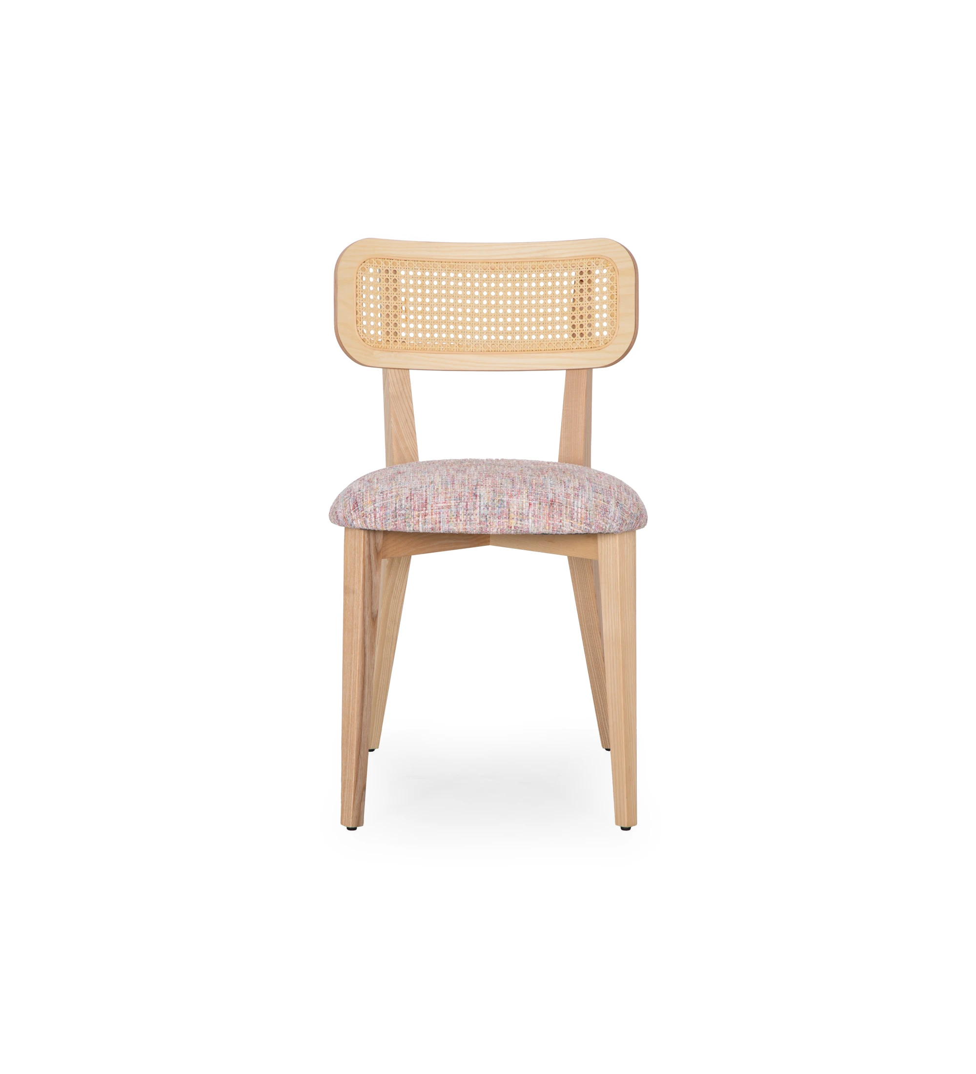 Cadeira de madeira, com pormenor de rattan nas costas e assento estofado a tecido multicolor, primariamente magenta.