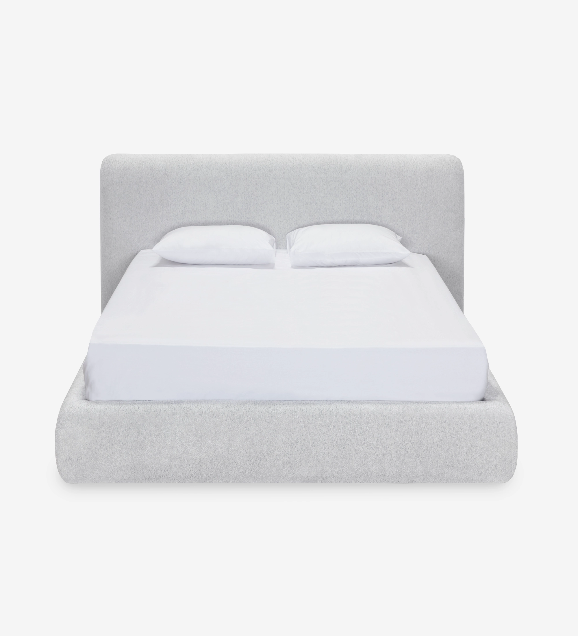 Cama de Casal Paris estofada cinzento claro com cabeceira alta e dois travesseiros brancos