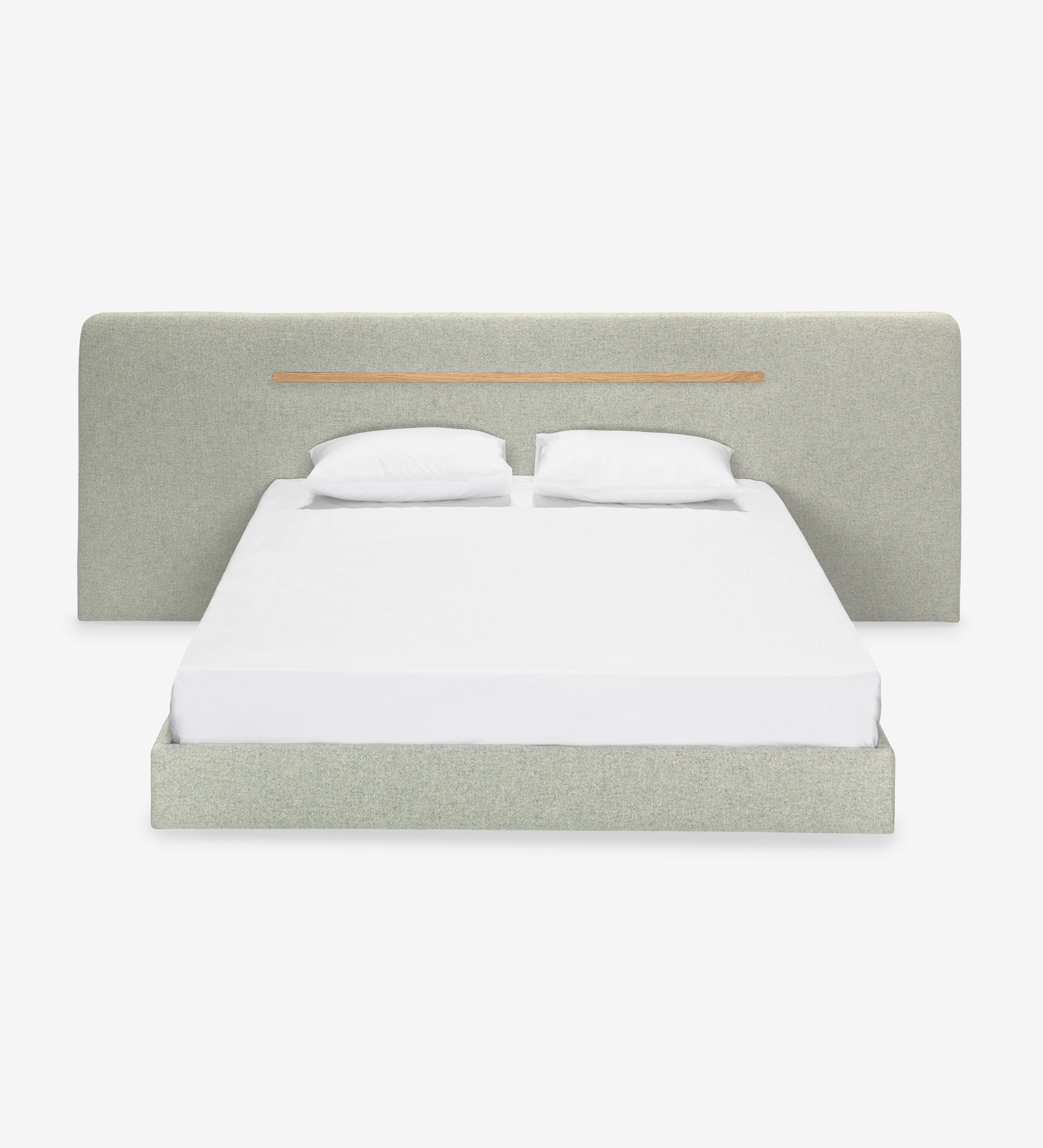 Double bed with upholstered headboard and floating base in green fabric, detail in natural oak.