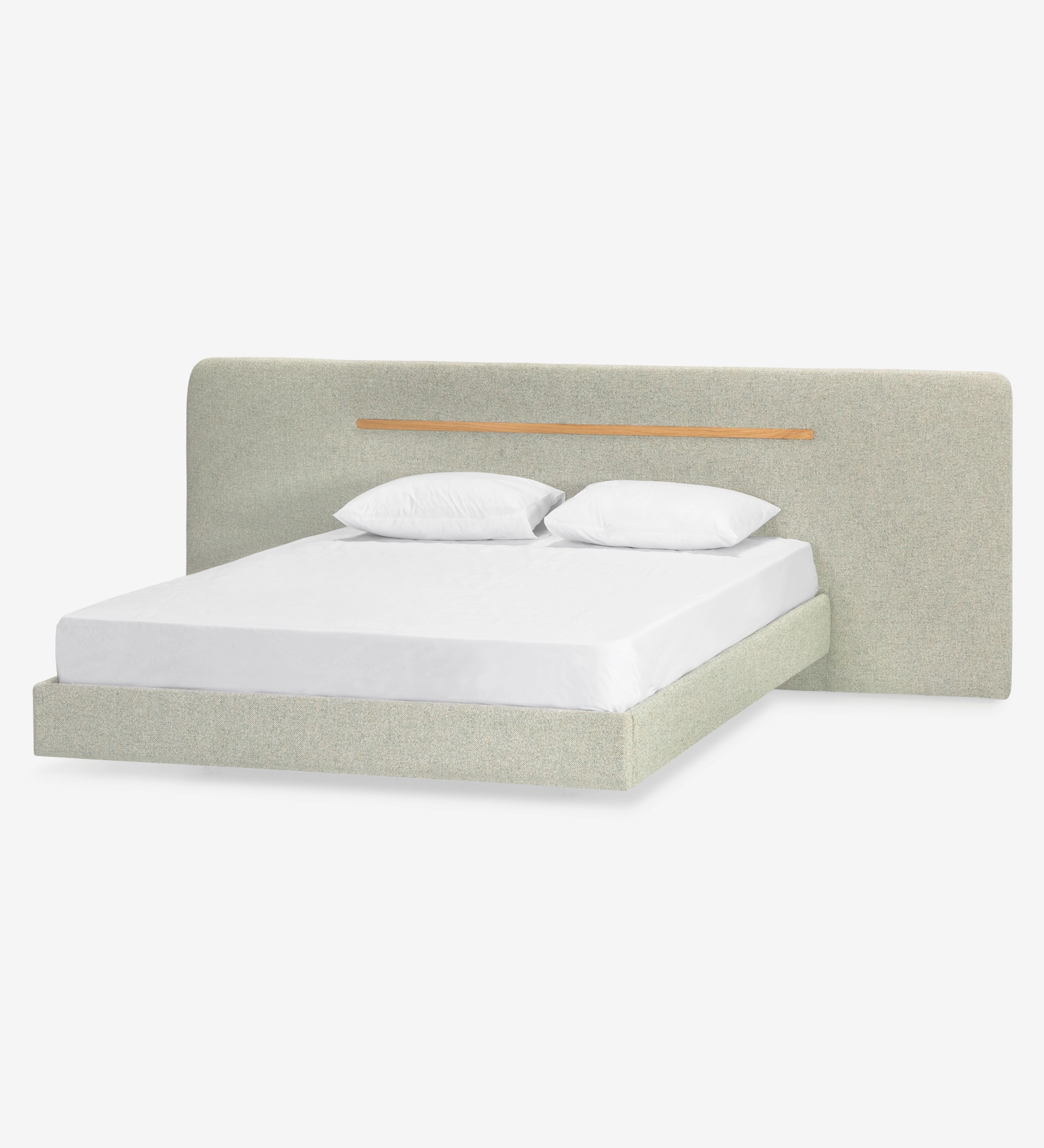 Double bed with upholstered headboard and floating base in green fabric, detail in natural oak.