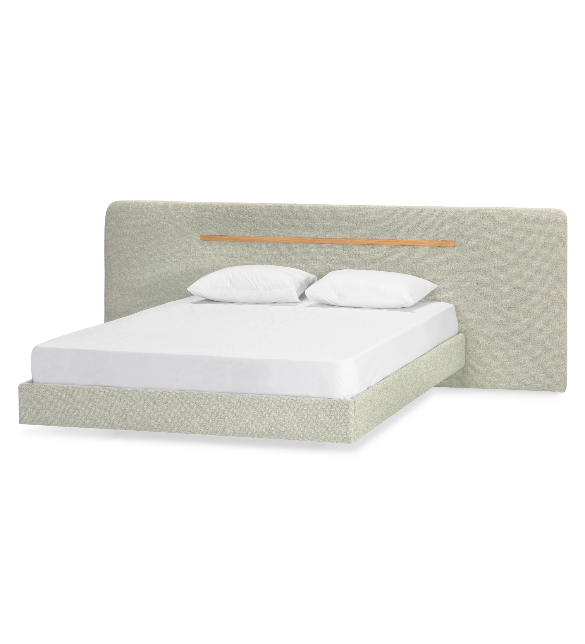 Lit double avec tête de lit et base suspendue rembourrées en tissu vert, détail en chêne naturel.          Perguntar ao ChatGPT