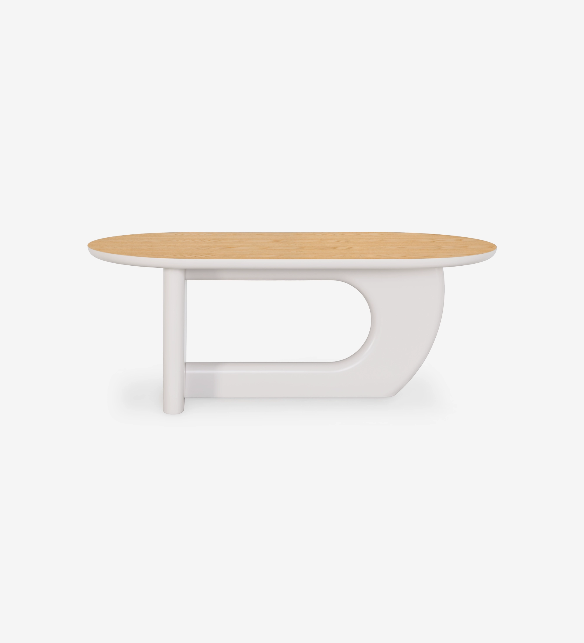 Mesa de jantar oval com tampo em carvalho natural e pé lacado a pérola.