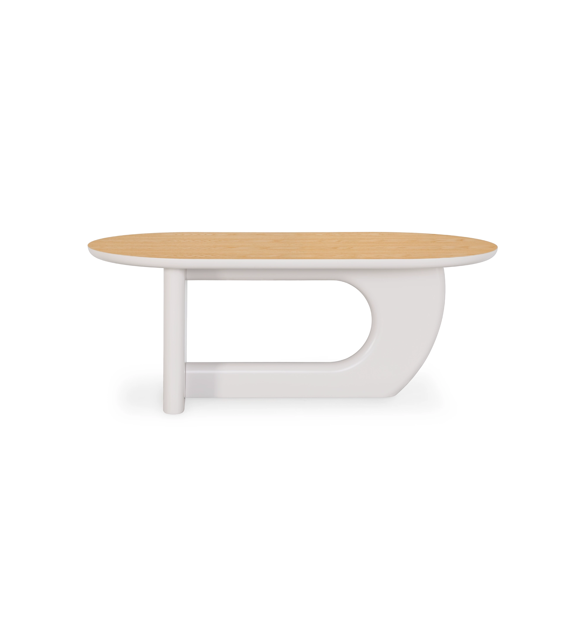 Oval dining table with natural oak top and pearl-lacquered base.