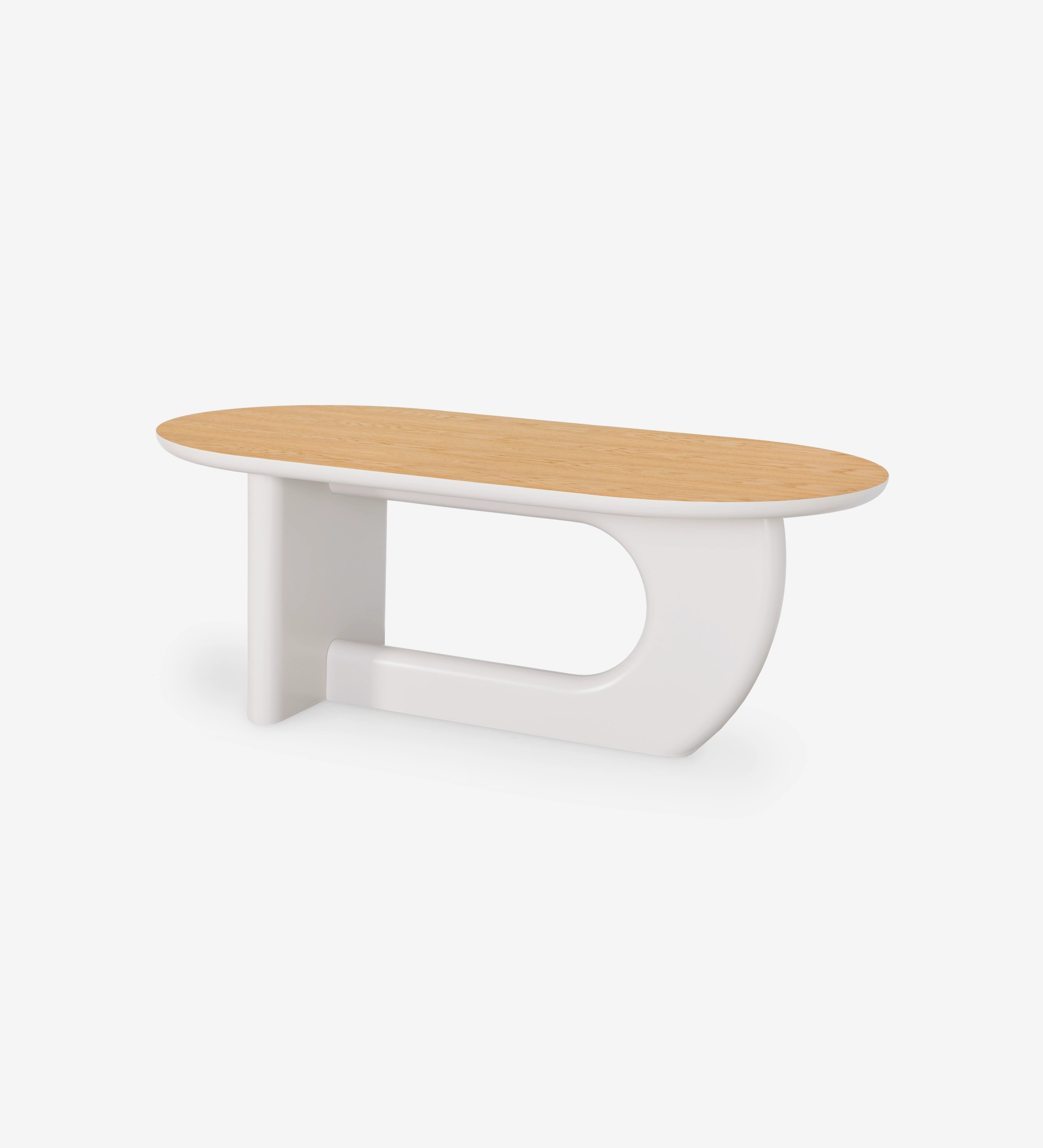 Mesa de jantar oval com tampo em carvalho natural e pé lacado a pérola.