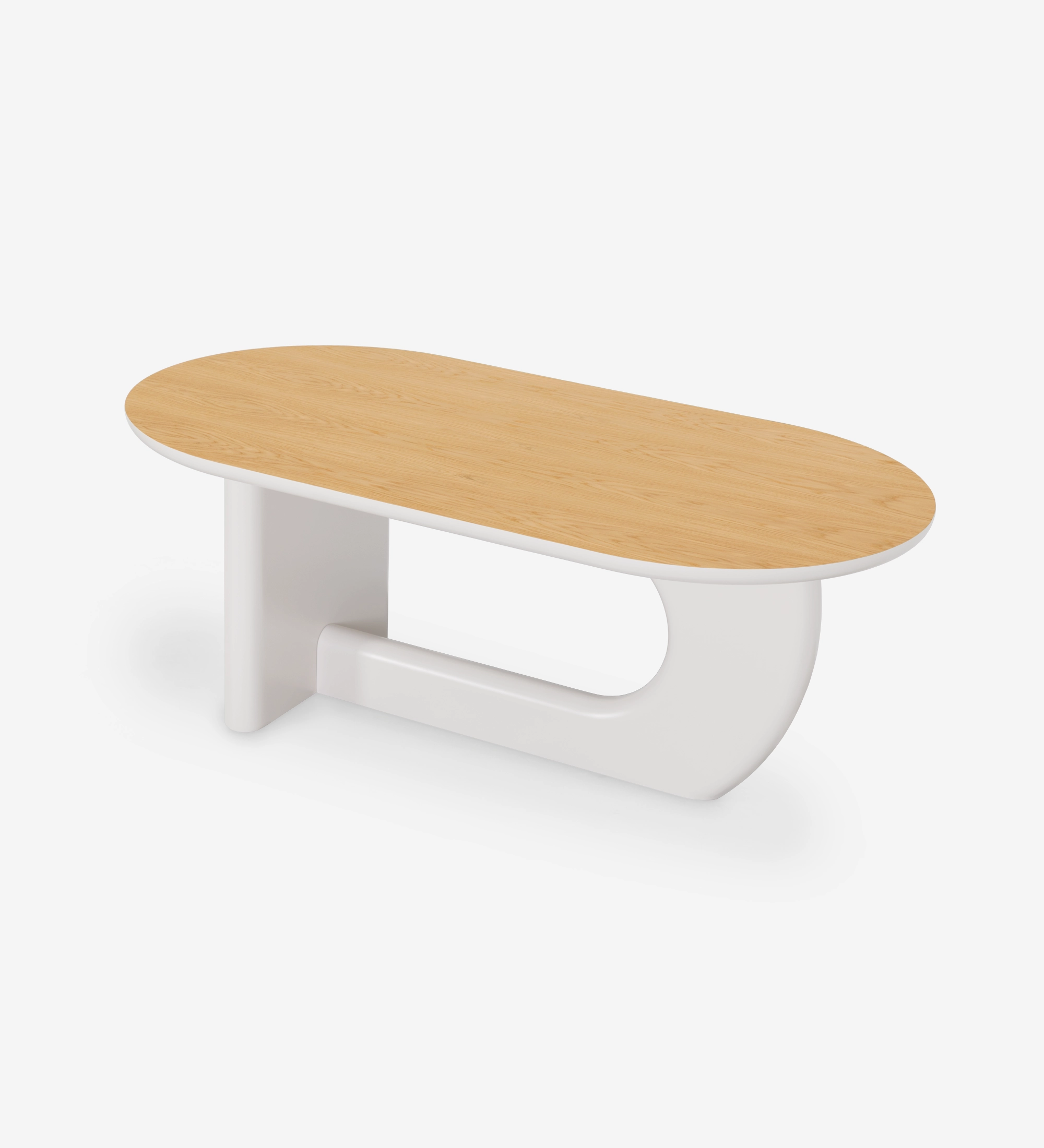 Mesa de jantar oval com tampo em carvalho natural e pé lacado a pérola.