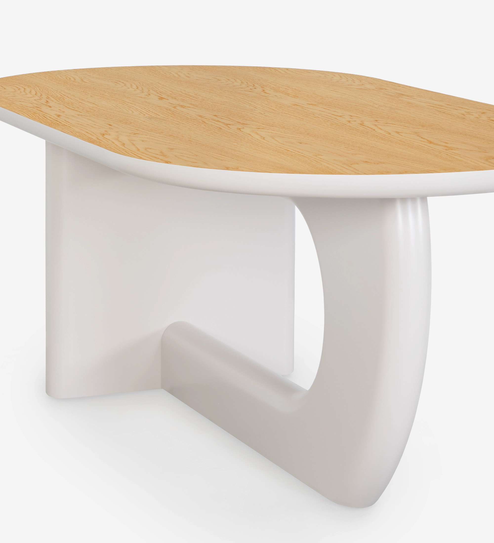 Mesa de jantar oval com tampo em carvalho natural e pé lacado a pérola.