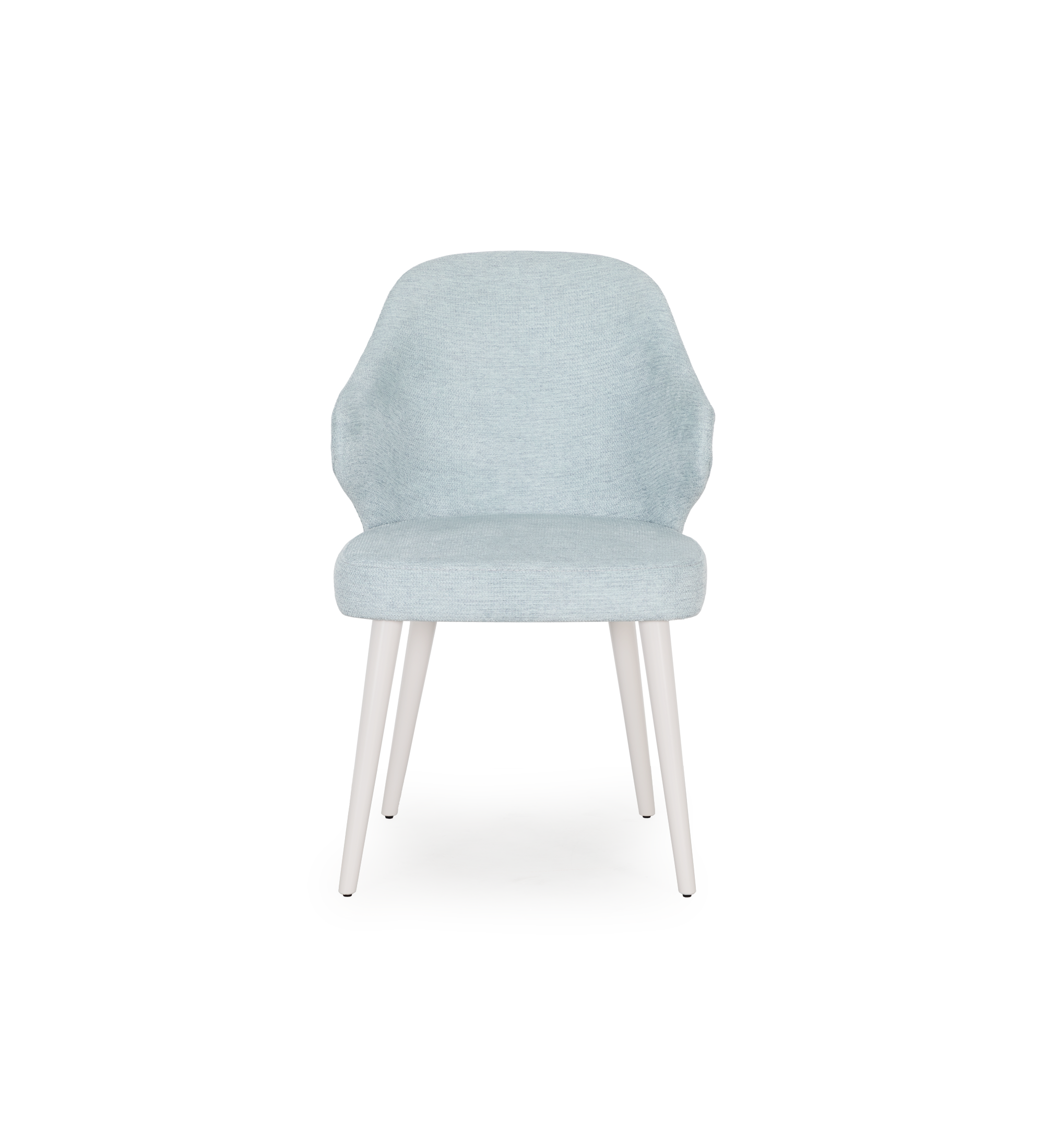 Silla tapizada en tela azul, pies lacadas en perla.