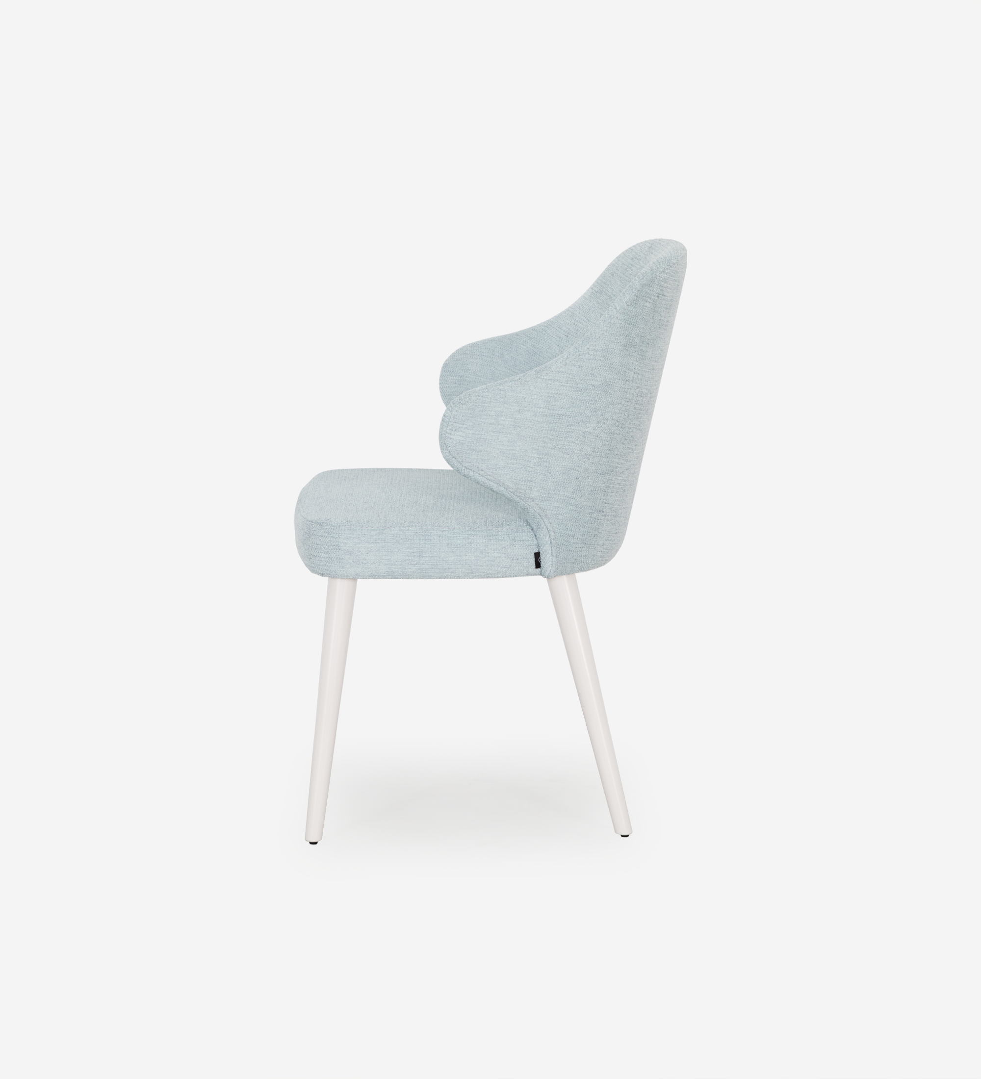 Chair upholstered in blue fabric, feet lacquered in pearl.